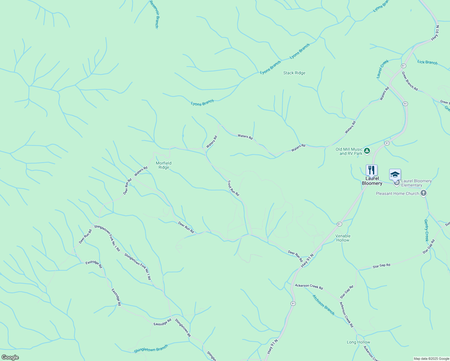 map of restaurants, bars, coffee shops, grocery stores, and more near 579 Trout Run Road in Mountain City
