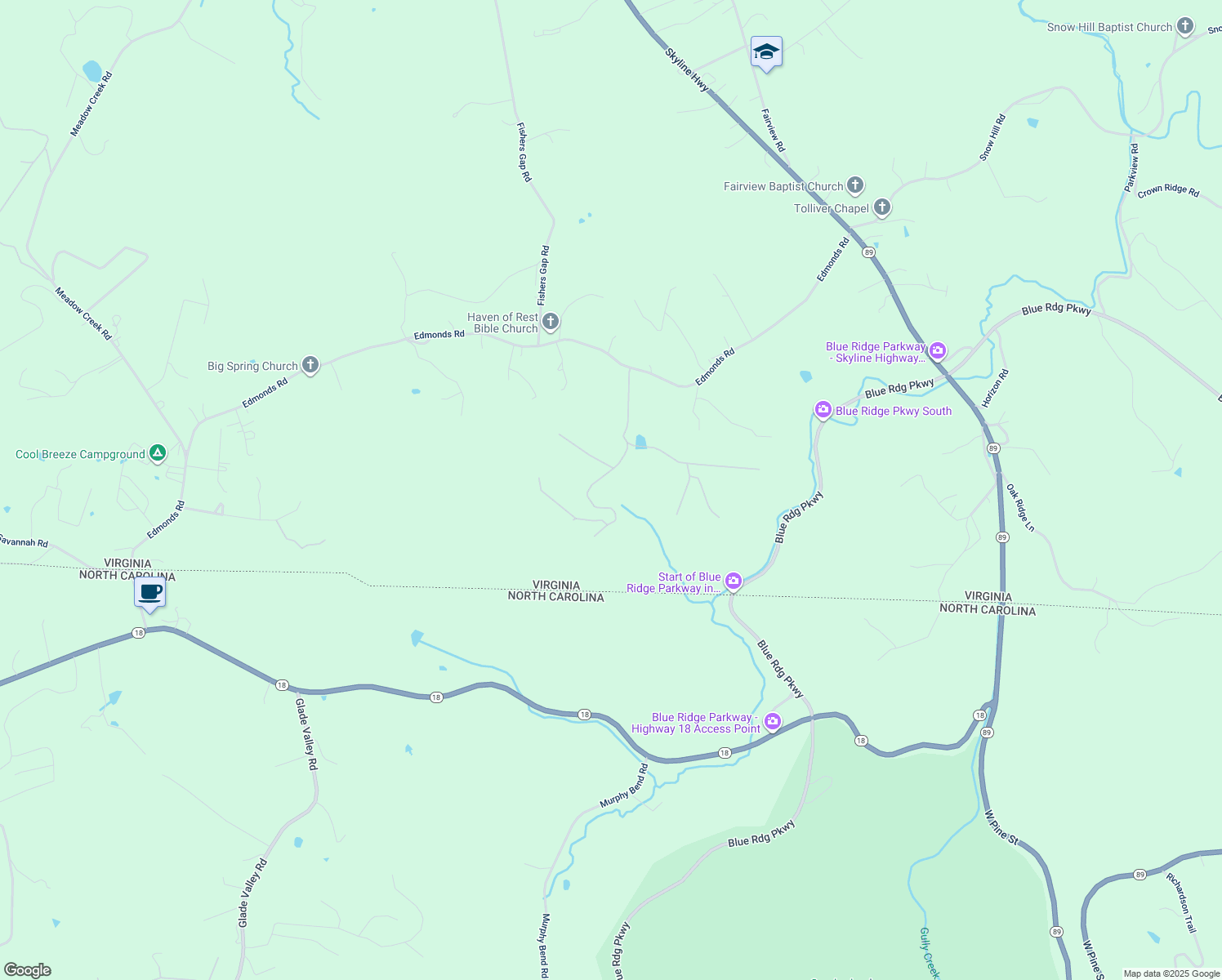 map of restaurants, bars, coffee shops, grocery stores, and more near 849 Edmonds Road in Galax
