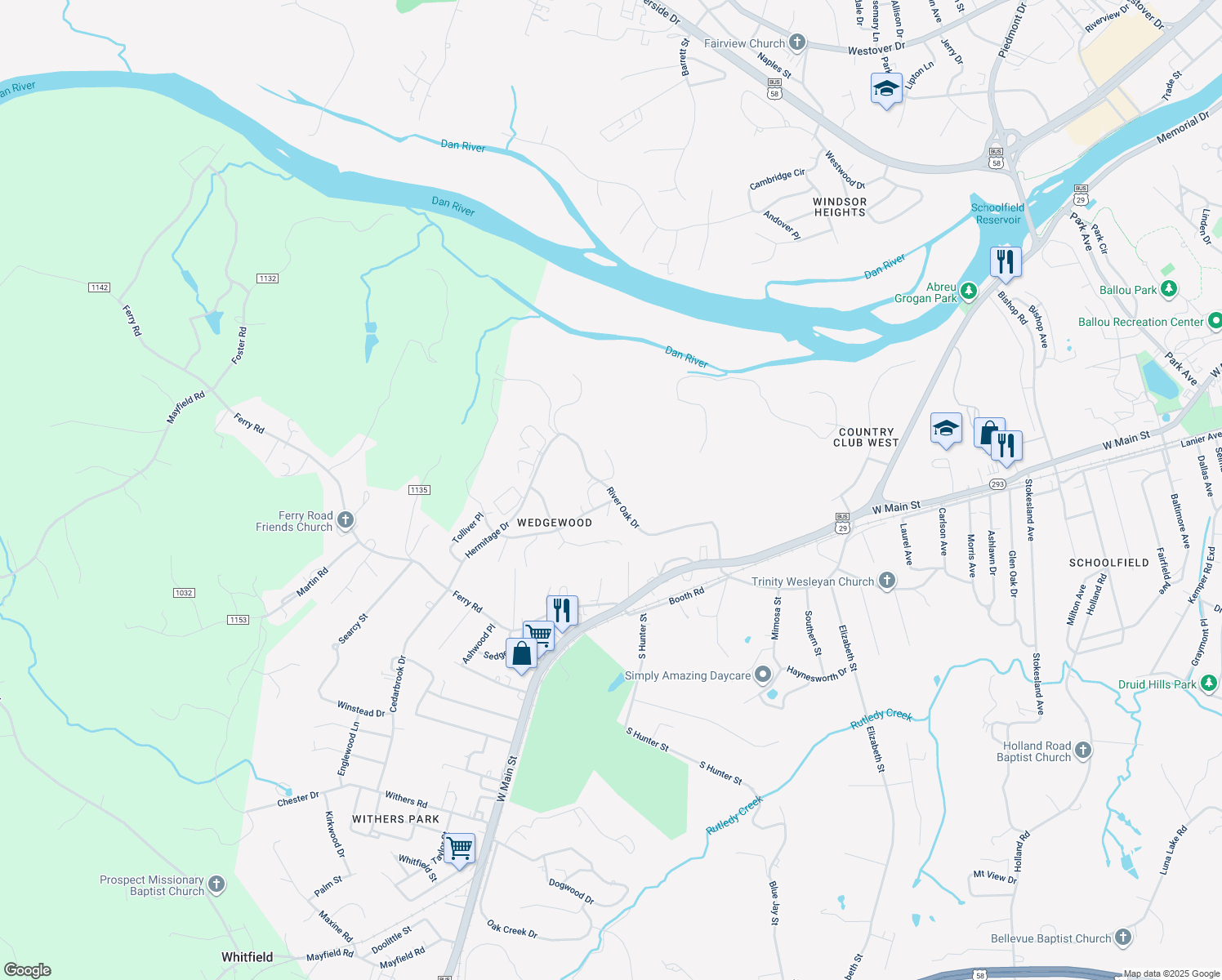 map of restaurants, bars, coffee shops, grocery stores, and more near River Oak Dr in Danville