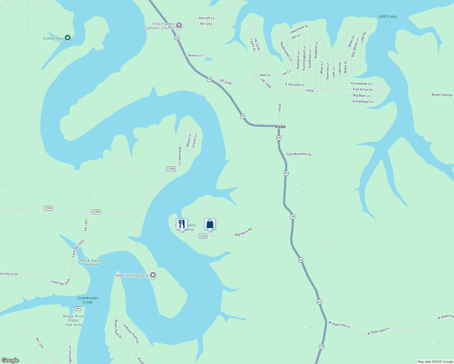 map of restaurants, bars, coffee shops, grocery stores, and more near Fr 2245 in Shell Knob