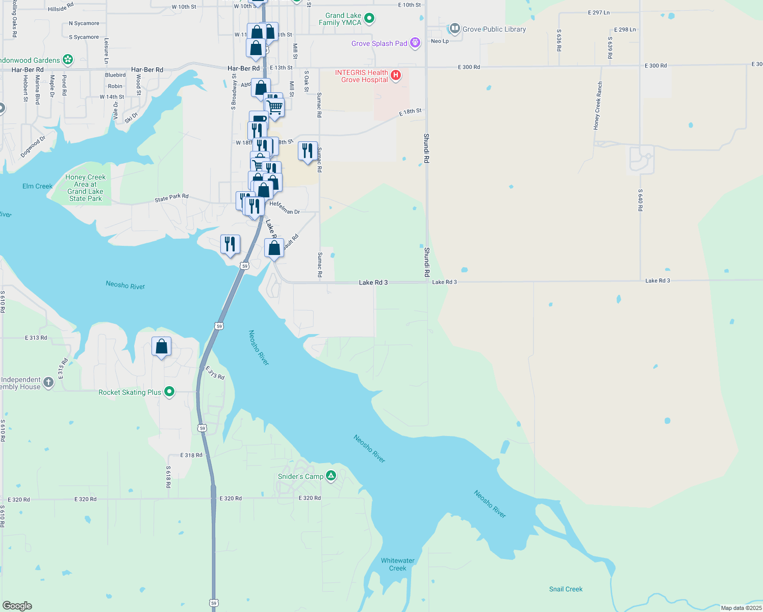 map of restaurants, bars, coffee shops, grocery stores, and more near 62830 East 312 Road in Grove