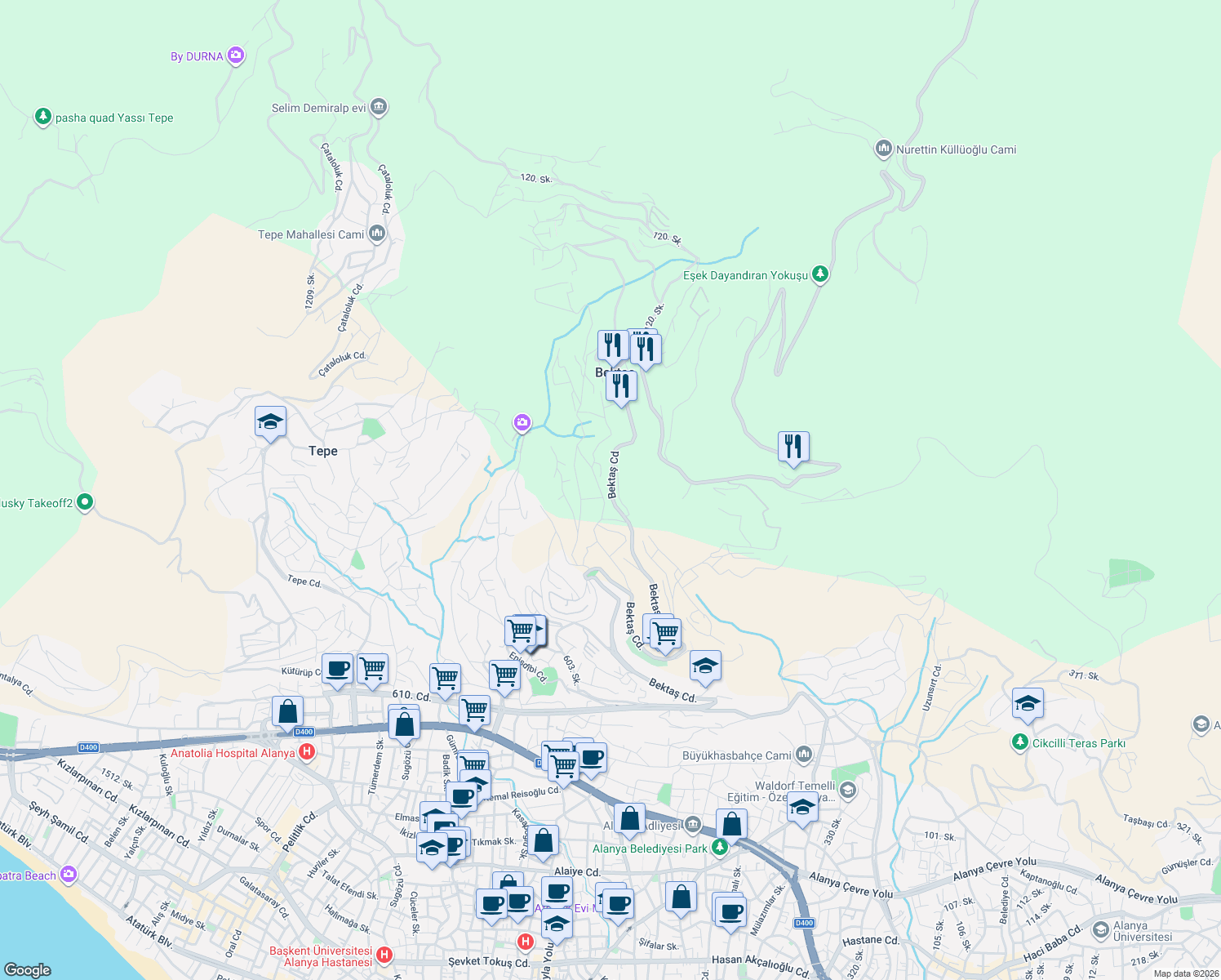 map of restaurants, bars, coffee shops, grocery stores, and more near Bektaş Caddesi in Alanya