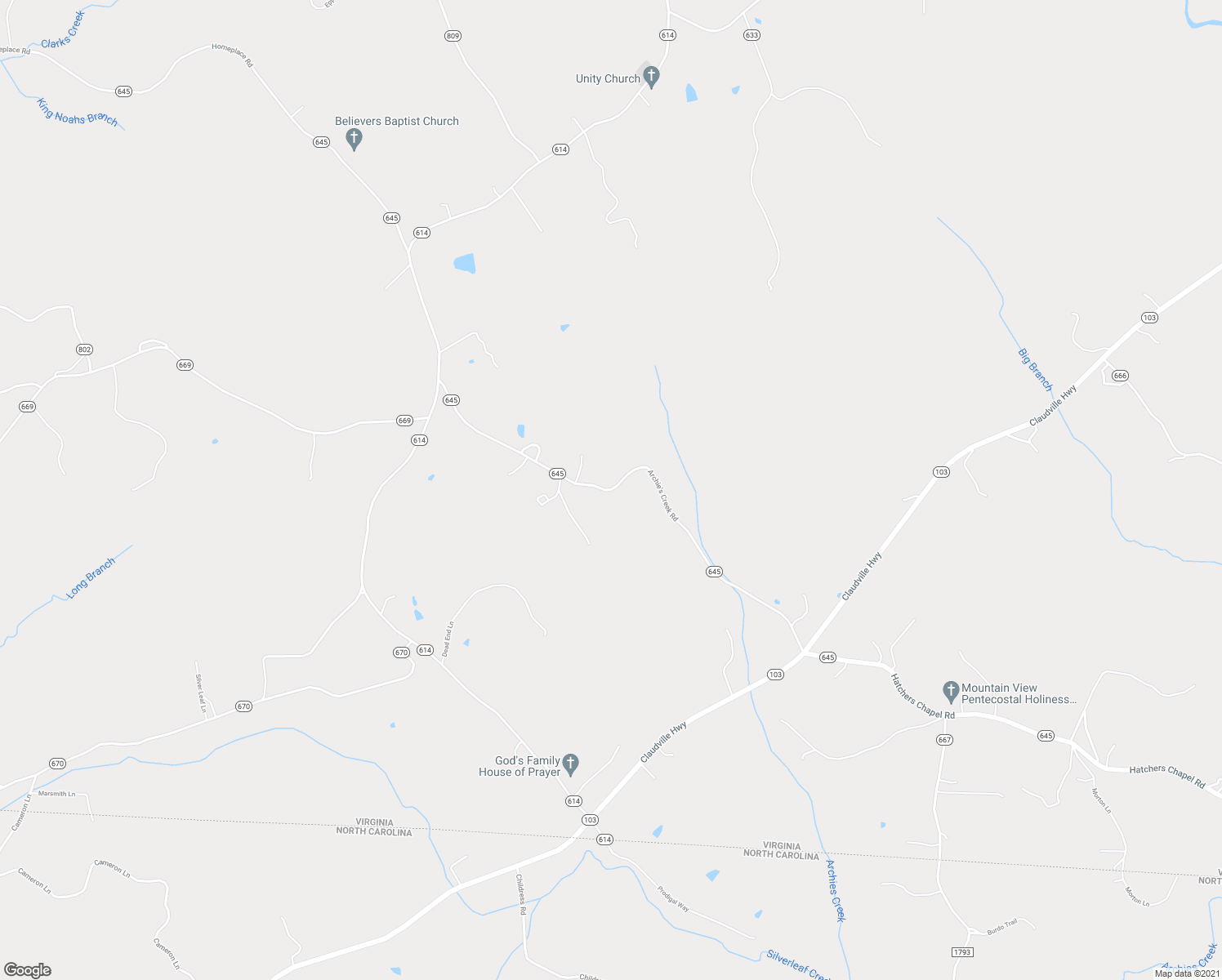 map of restaurants, bars, coffee shops, grocery stores, and more near Archie's Creek Road in Patrick County