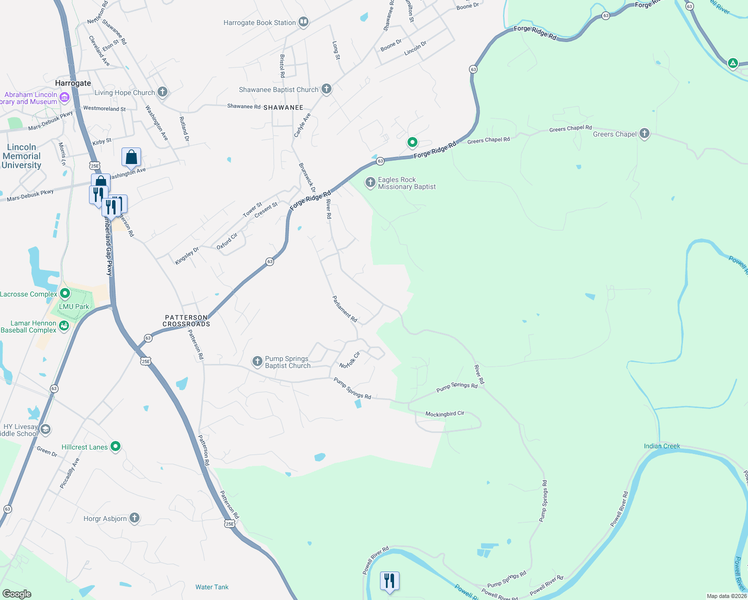 map of restaurants, bars, coffee shops, grocery stores, and more near 386 River Road in Harrogate