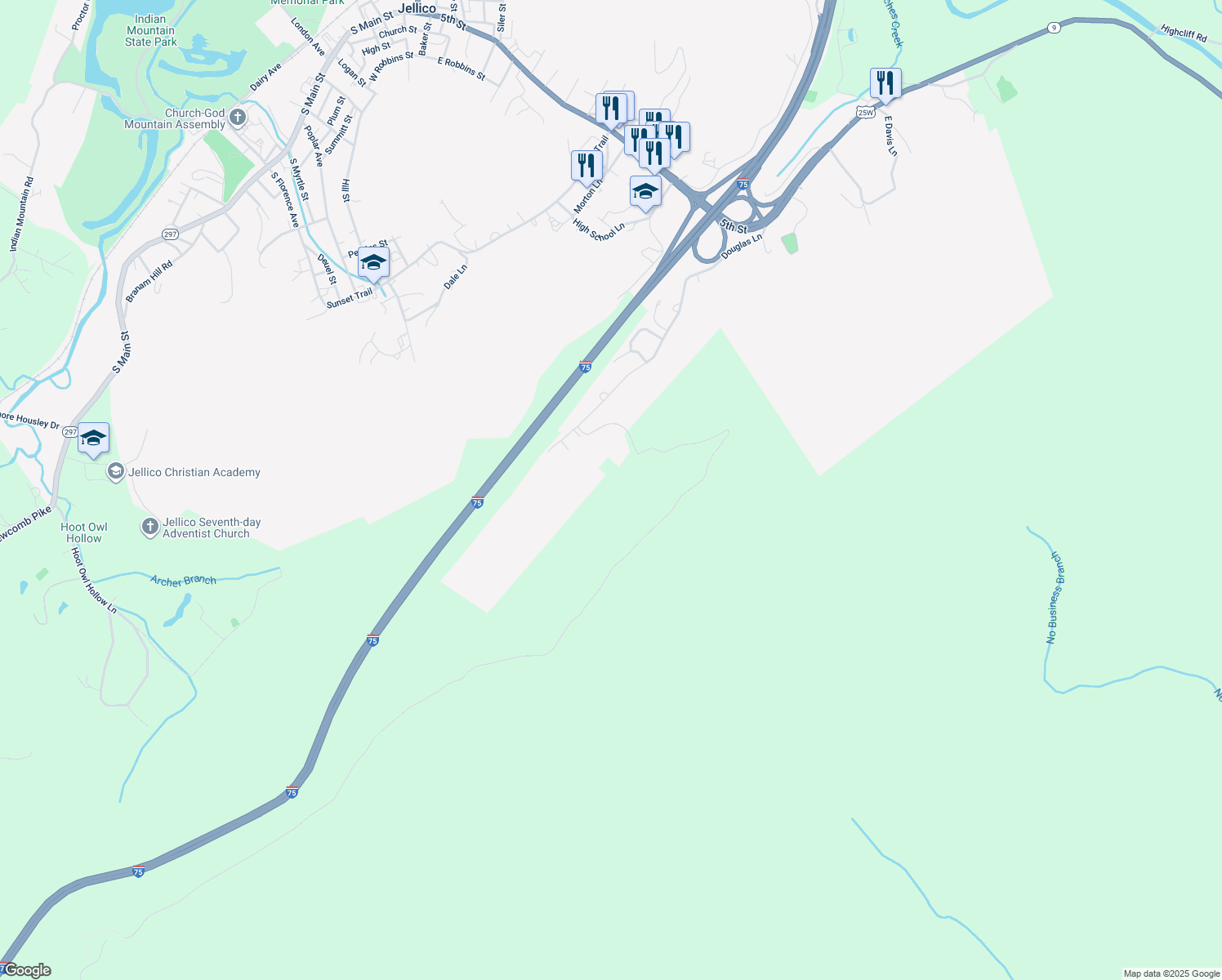 map of restaurants, bars, coffee shops, grocery stores, and more near 581 Douglas Lane in Jellico