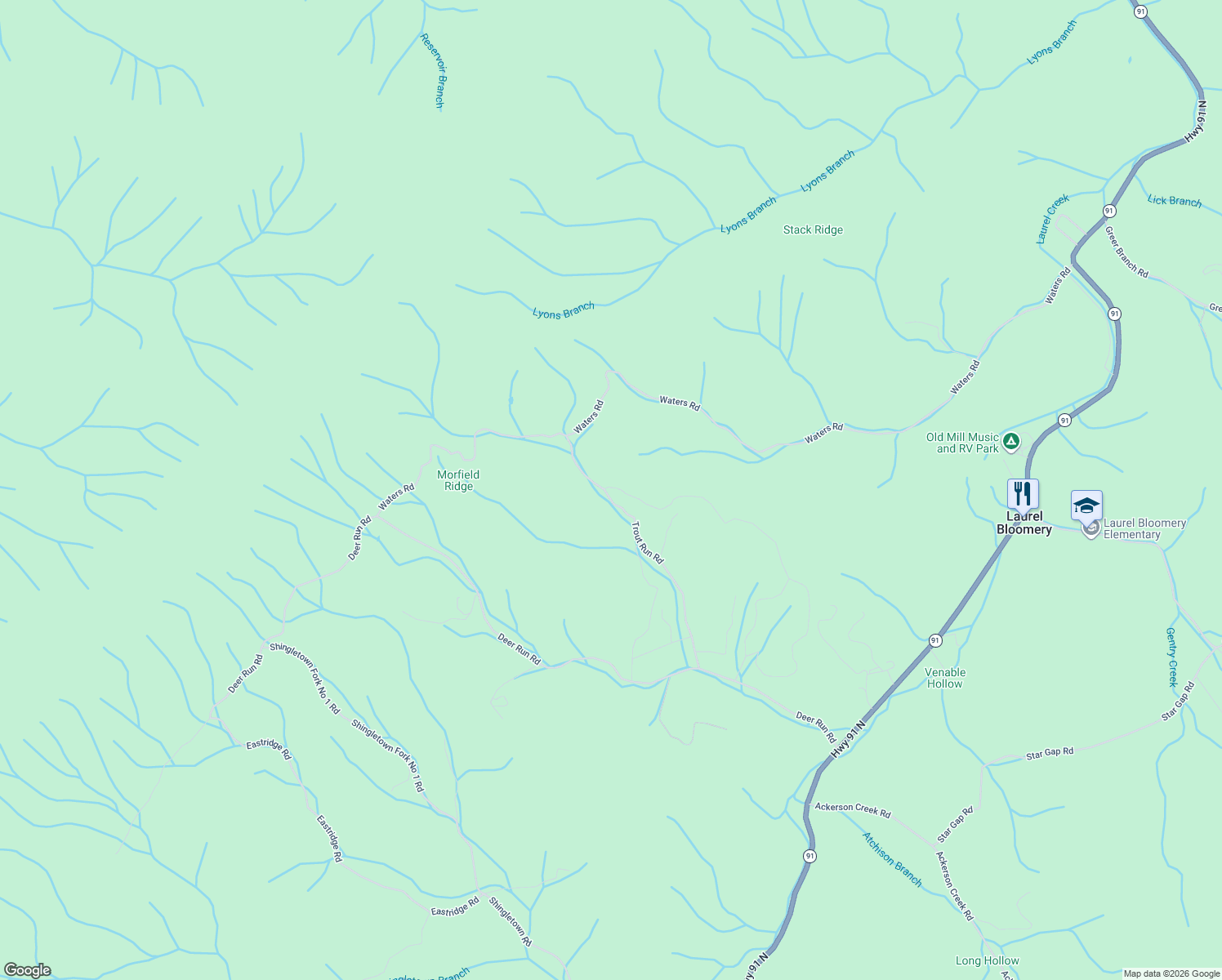 map of restaurants, bars, coffee shops, grocery stores, and more near 750 Trout Run Road in Mountain City
