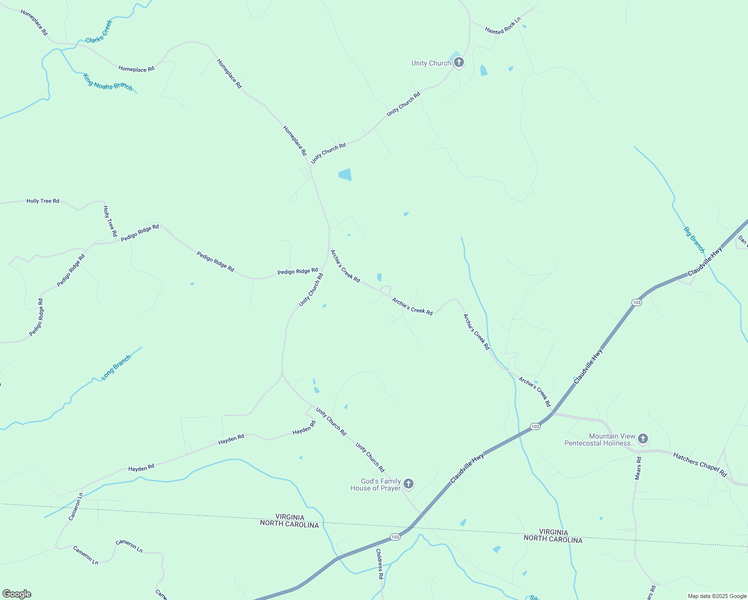 map of restaurants, bars, coffee shops, grocery stores, and more near Archie's Creek Road in Claudville