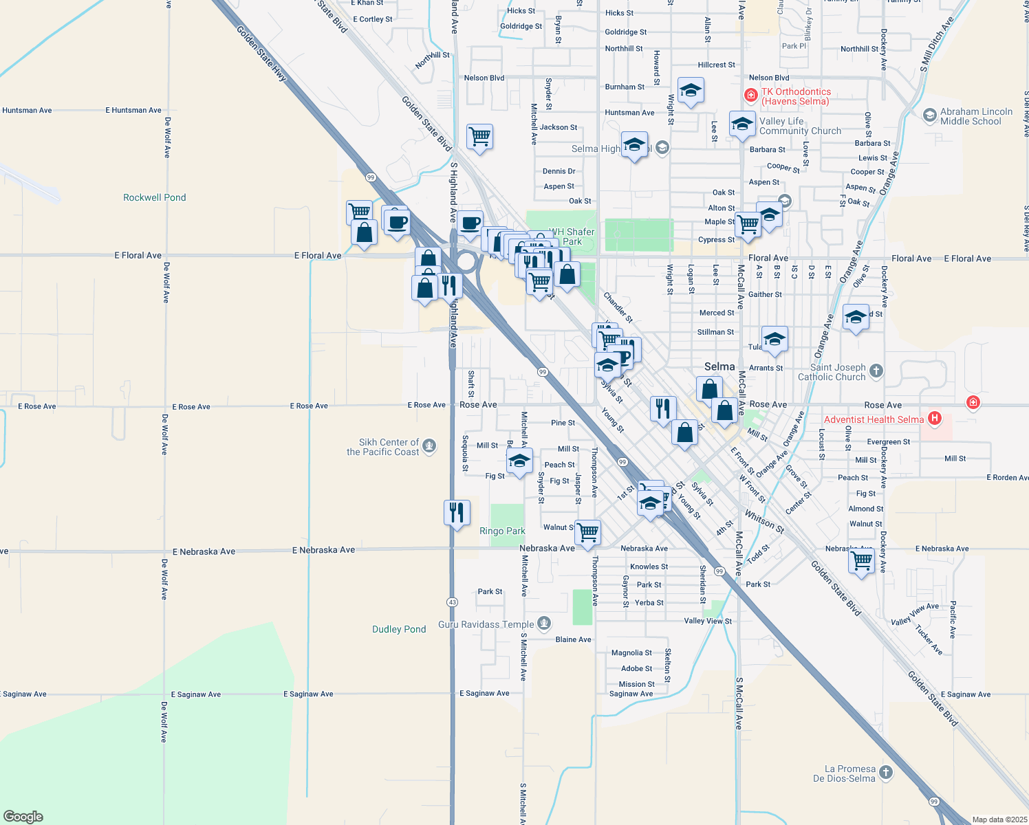 map of restaurants, bars, coffee shops, grocery stores, and more near 2734 Pine Street in Selma