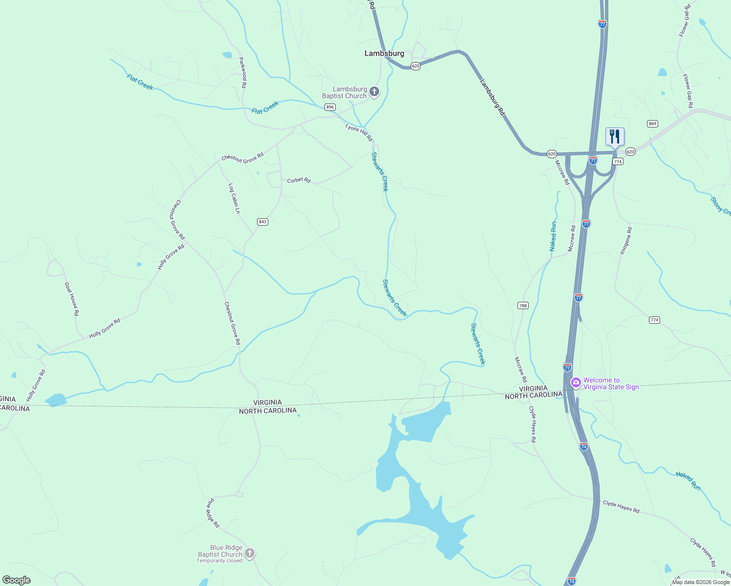 map of restaurants, bars, coffee shops, grocery stores, and more near 282 Corbet Road in Lambsburg
