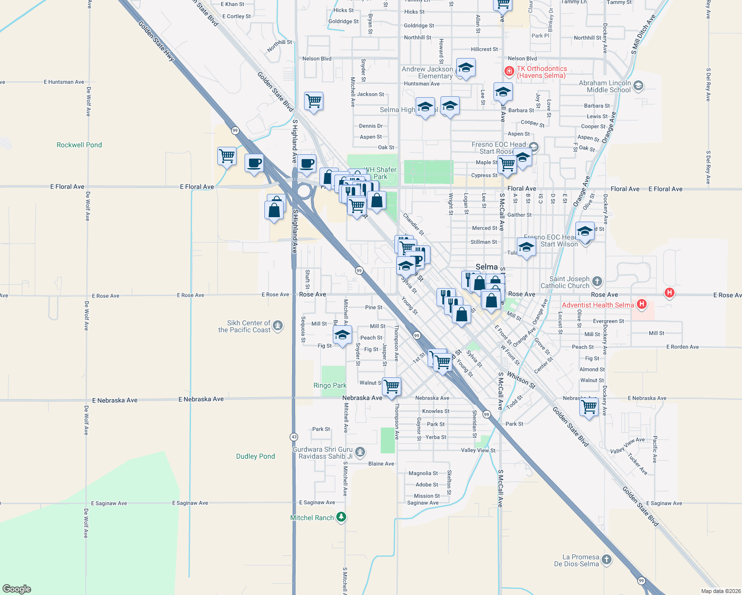 map of restaurants, bars, coffee shops, grocery stores, and more near 2383 Mason Street in Selma