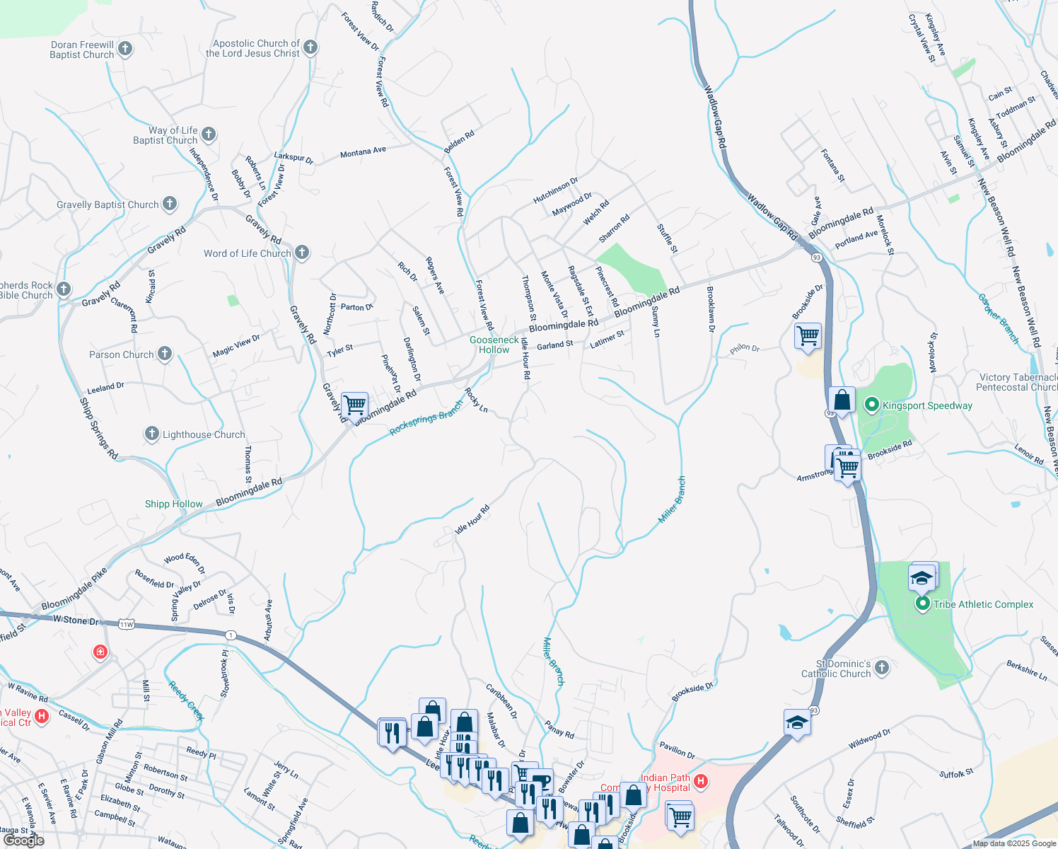 map of restaurants, bars, coffee shops, grocery stores, and more near 2321 Idle Hour Road in Kingsport