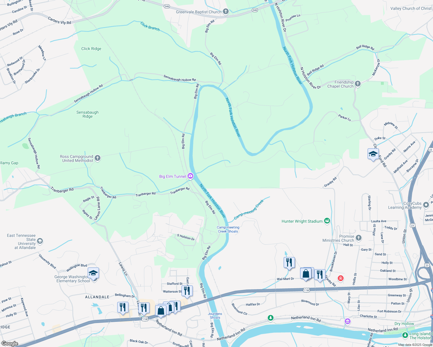map of restaurants, bars, coffee shops, grocery stores, and more near 660 Lynch Road in Kingsport
