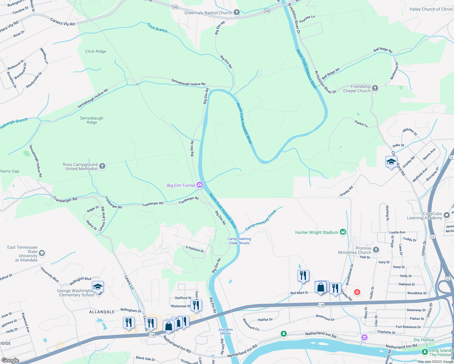 map of restaurants, bars, coffee shops, grocery stores, and more near 660 Lynch Road in Kingsport