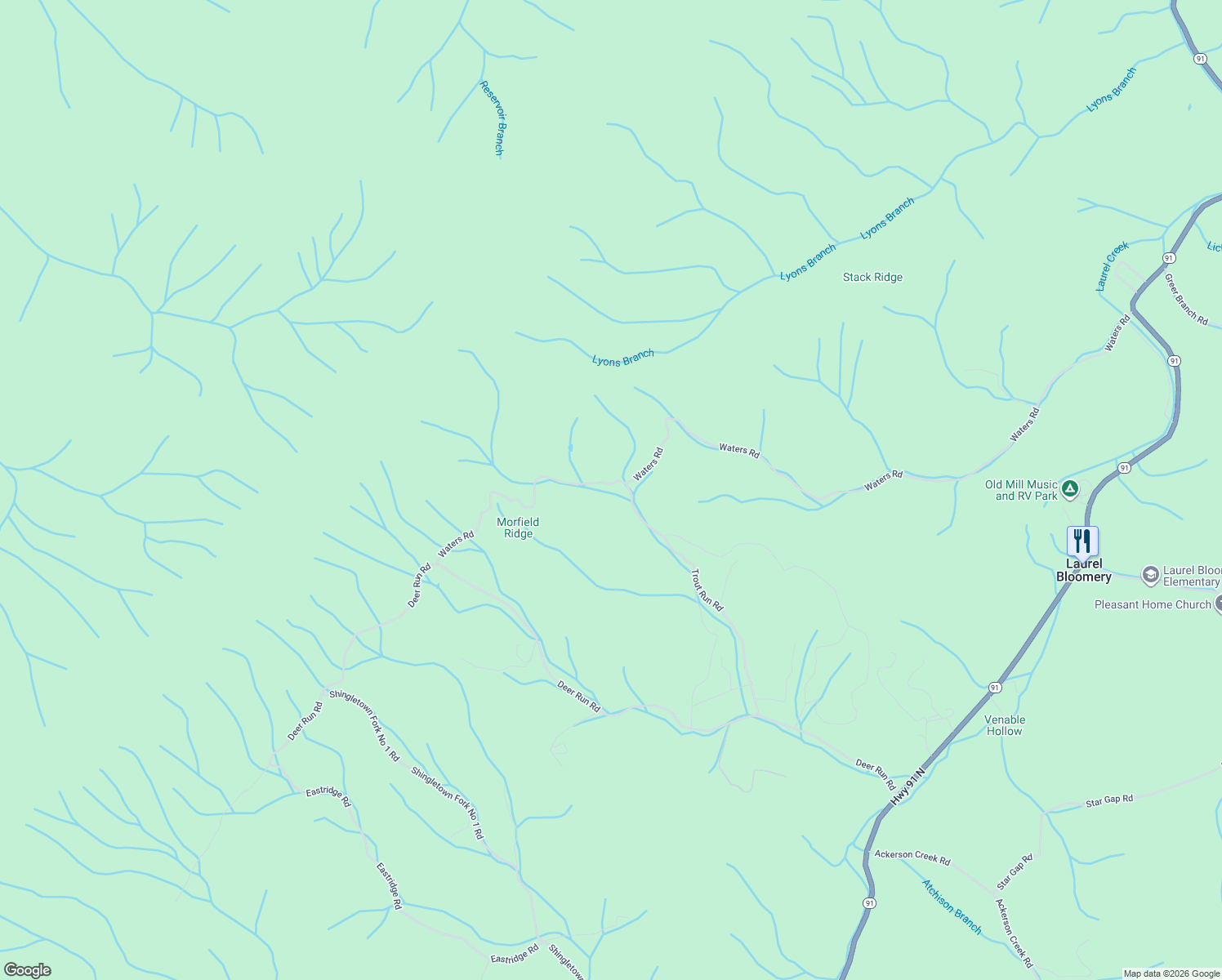 map of restaurants, bars, coffee shops, grocery stores, and more near 2262 Waters Road in Laurel Bloomery