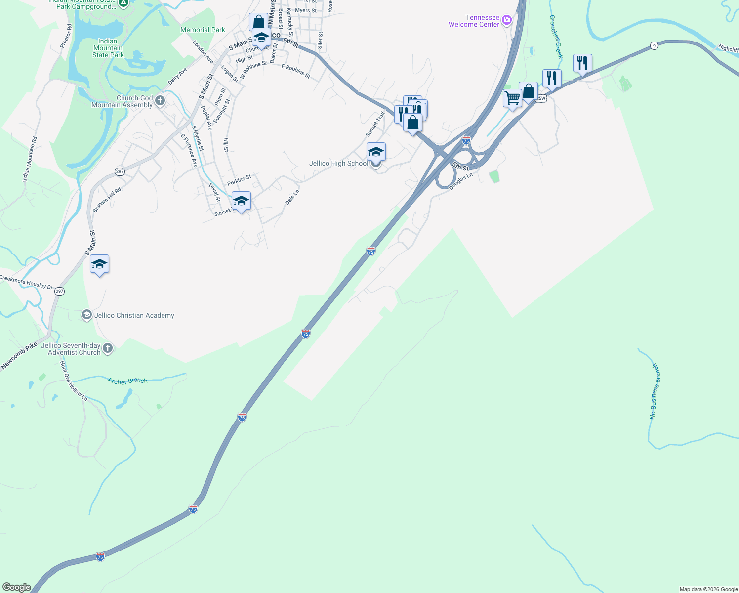 map of restaurants, bars, coffee shops, grocery stores, and more near 527 Douglas Lane in Jellico