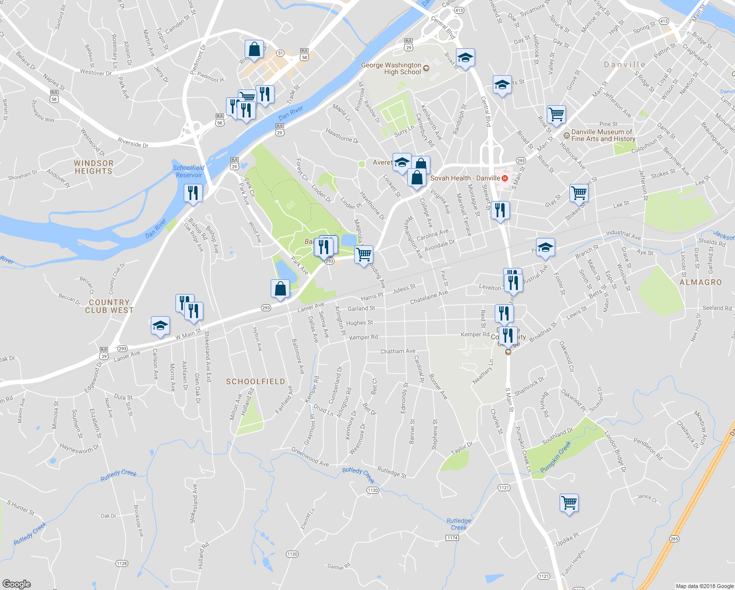 map of restaurants, bars, coffee shops, grocery stores, and more near 134 Harris Place in Danville