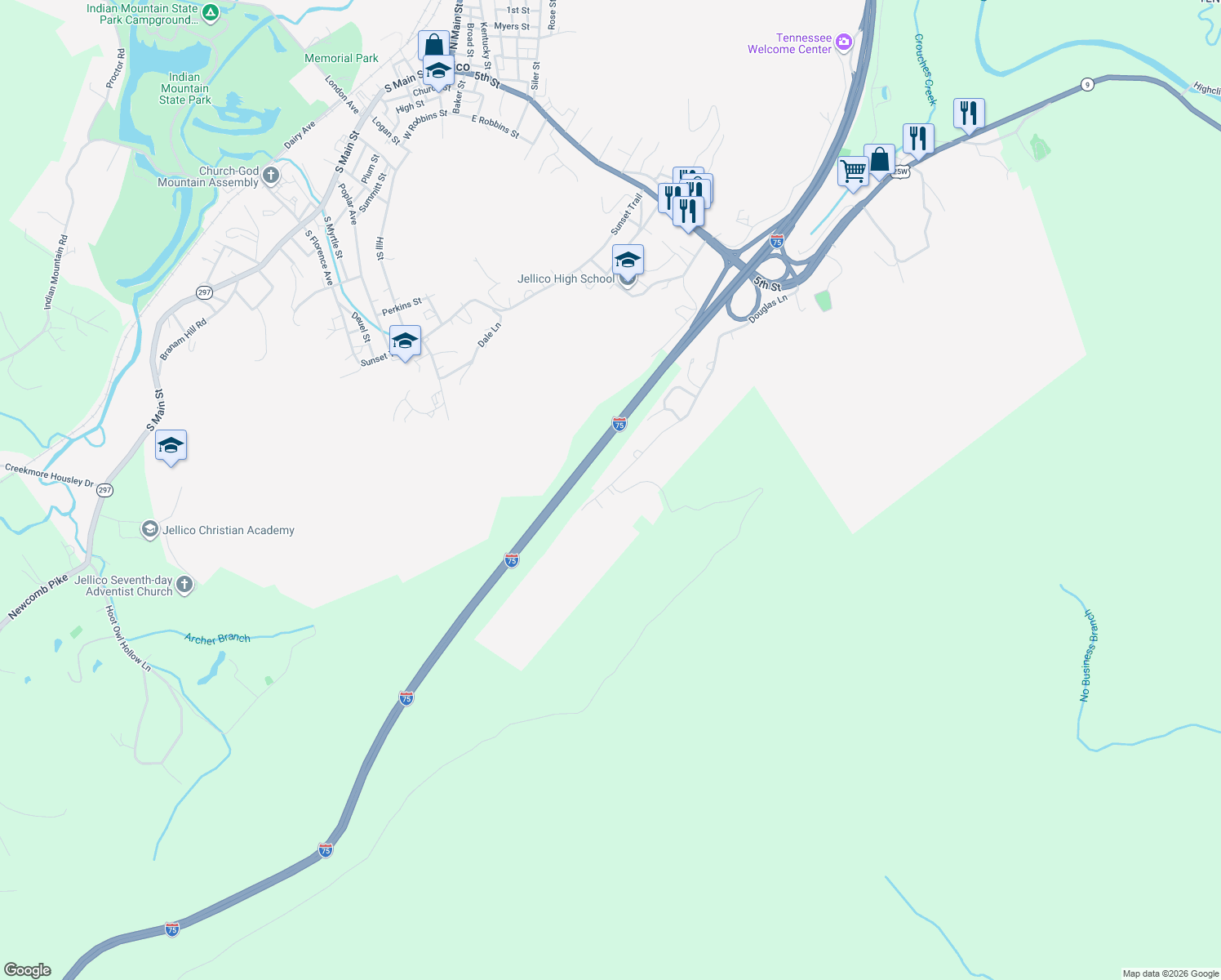 map of restaurants, bars, coffee shops, grocery stores, and more near 527 Douglas Ln in Jellico
