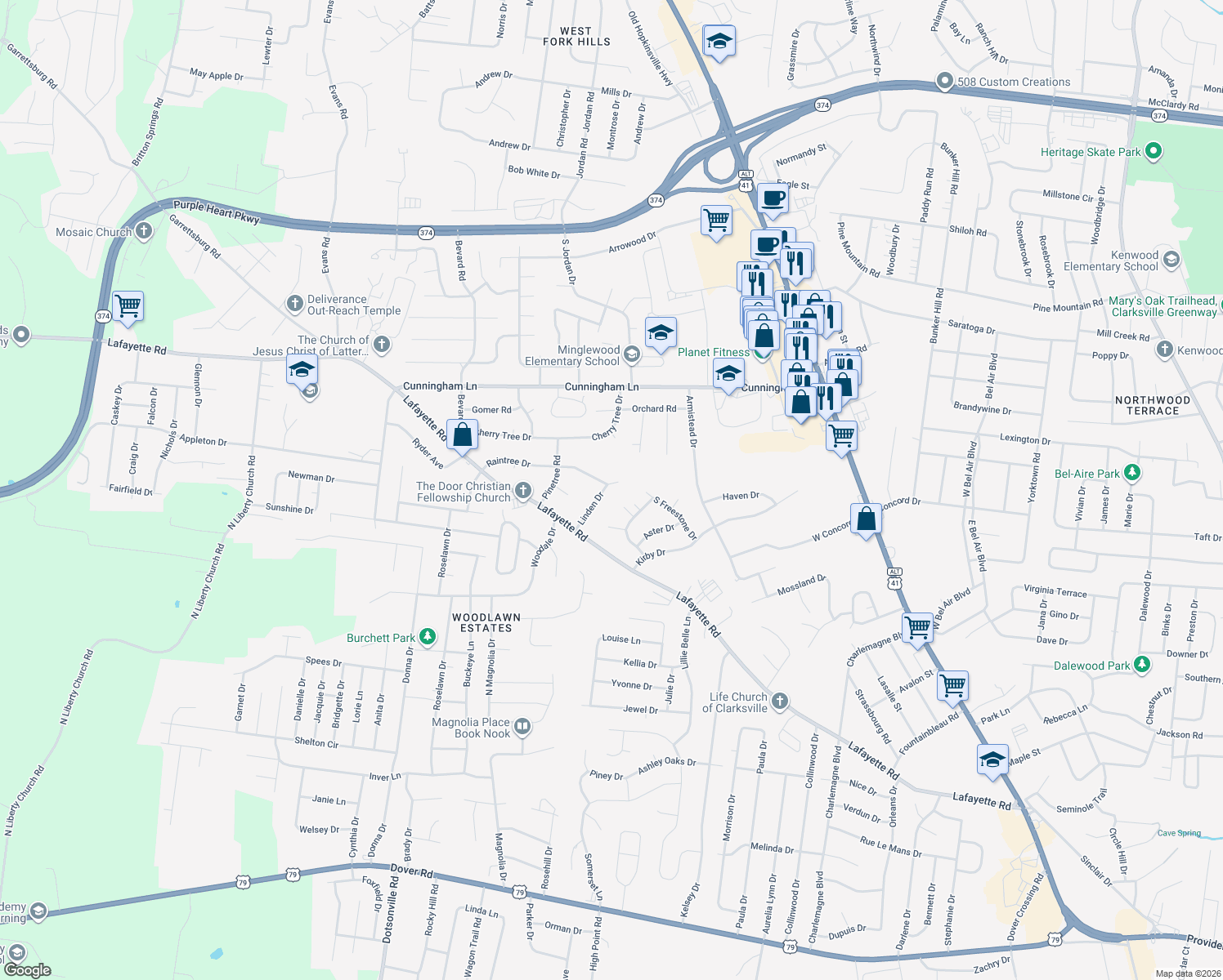 map of restaurants, bars, coffee shops, grocery stores, and more near 1515 Linden Drive in Clarksville