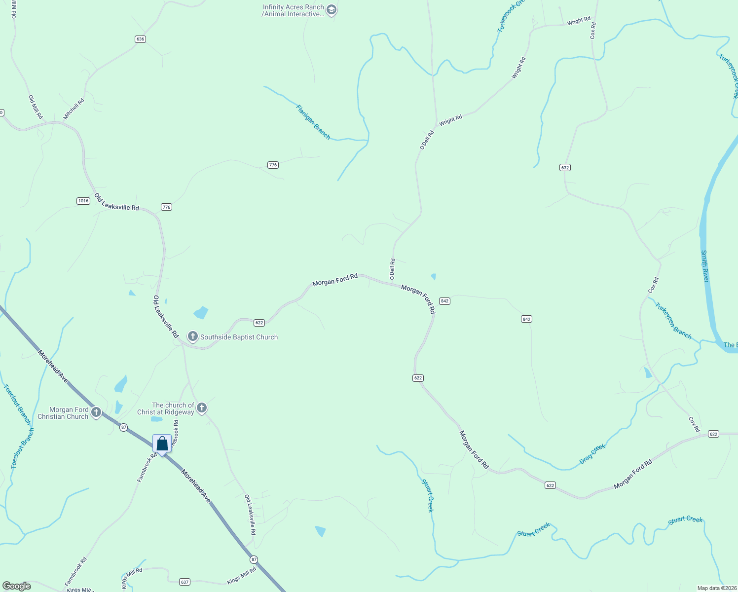 map of restaurants, bars, coffee shops, grocery stores, and more near 1050 Morgan Ford Road in Ridgeway