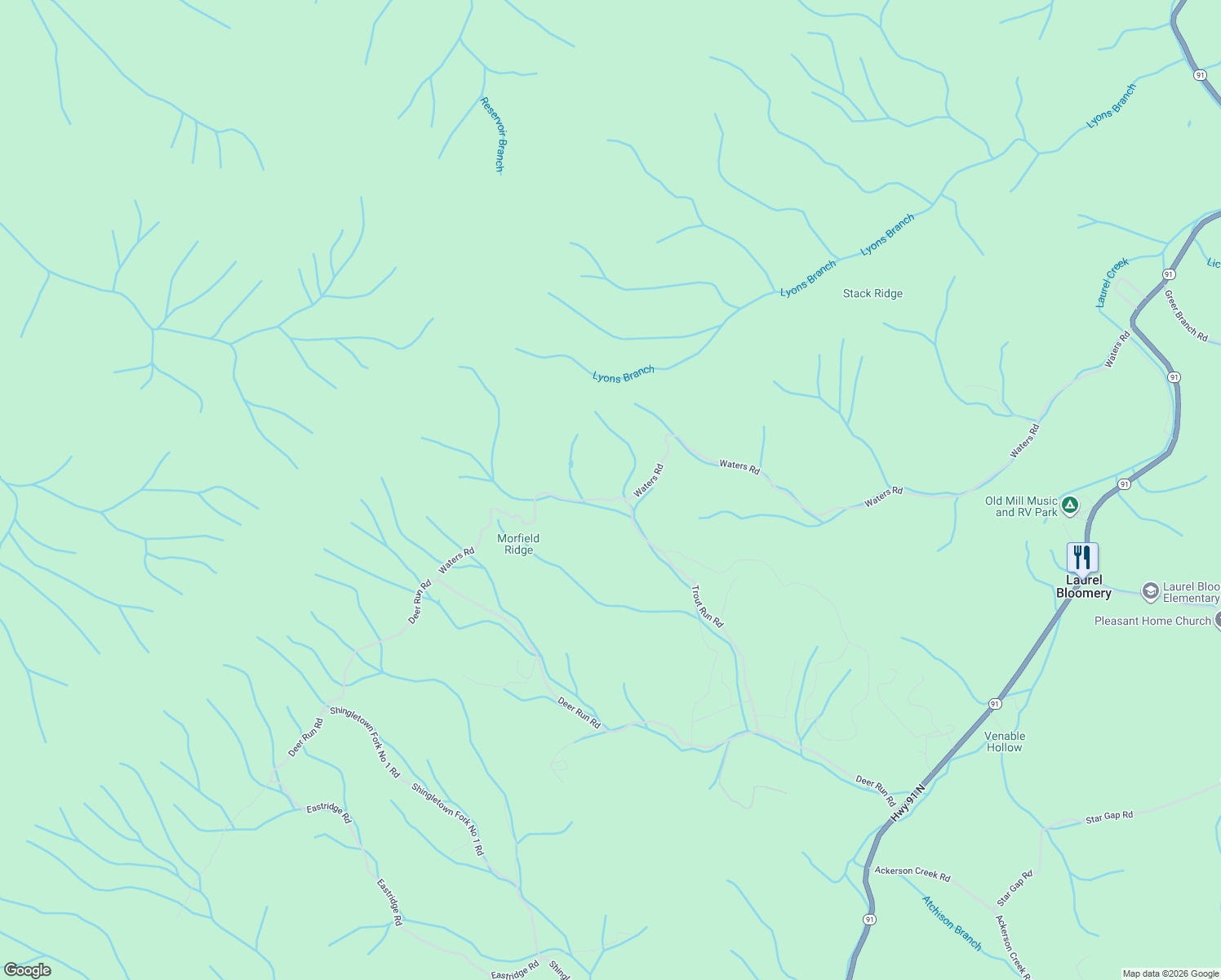 map of restaurants, bars, coffee shops, grocery stores, and more near 2262 Waters Road in Laurel Bloomery