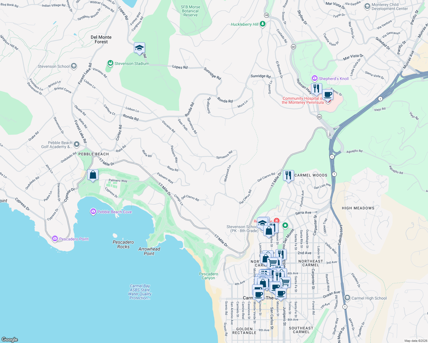 map of restaurants, bars, coffee shops, grocery stores, and more near 1638 Sonado Road in Del Monte Forest