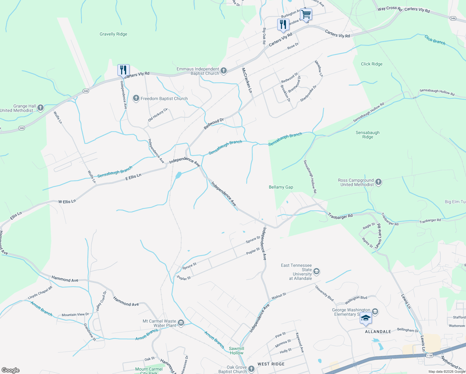 map of restaurants, bars, coffee shops, grocery stores, and more near 1126 Independence Avenue in Mount Carmel