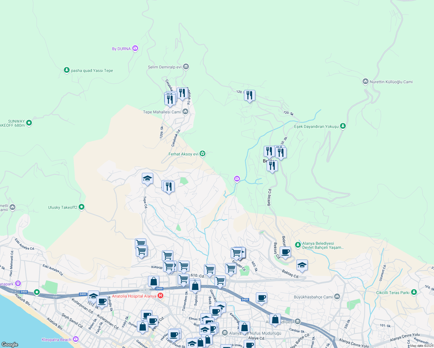 map of restaurants, bars, coffee shops, grocery stores, and more near 84 Benliler Sokak in Alanya