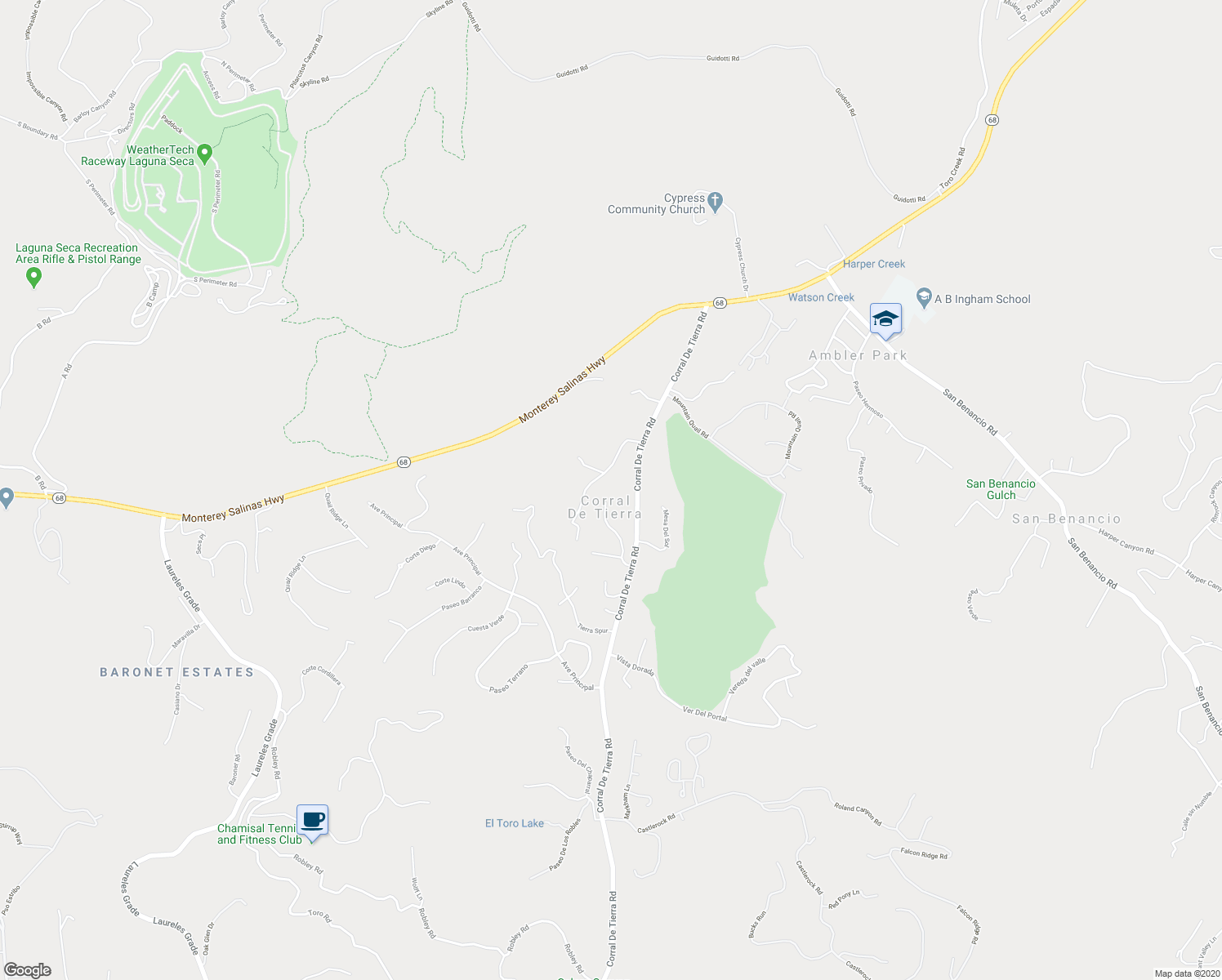 map of restaurants, bars, coffee shops, grocery stores, and more near 80 Corral De Tierra Terrace in Salinas