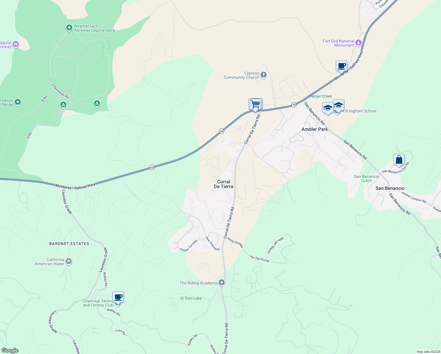 map of restaurants, bars, coffee shops, grocery stores, and more near 80 Corral De Tierra Terrace in Salinas