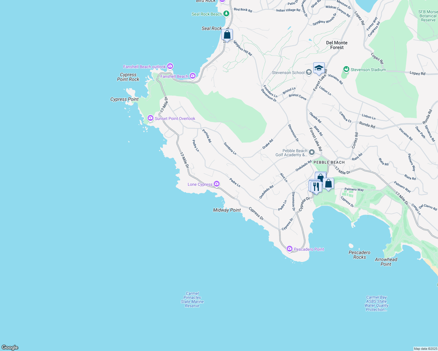 map of restaurants, bars, coffee shops, grocery stores, and more near 1252 Padre Lane in Del Monte Forest