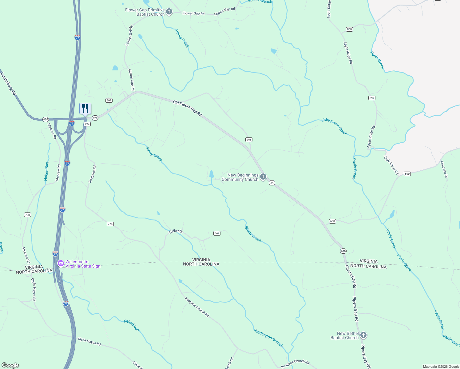 map of restaurants, bars, coffee shops, grocery stores, and more near 309 Stoney Creek Road in Cana