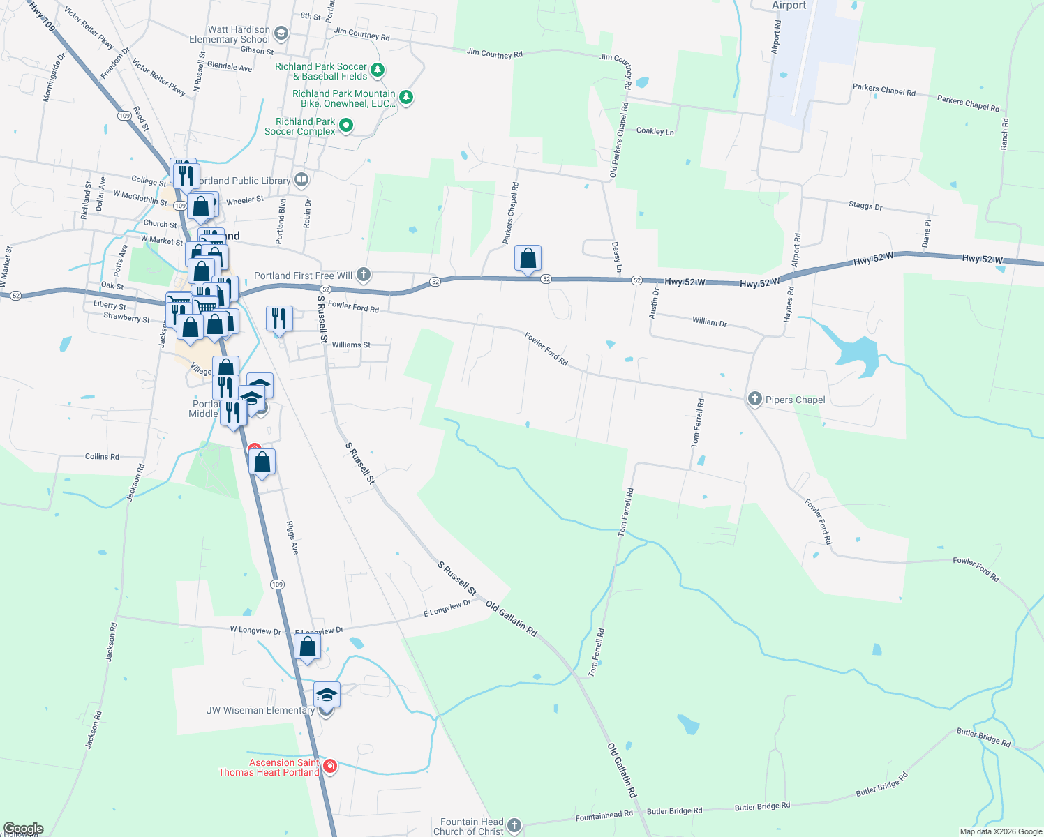map of restaurants, bars, coffee shops, grocery stores, and more near 430 Fowler Ford Road in Portland