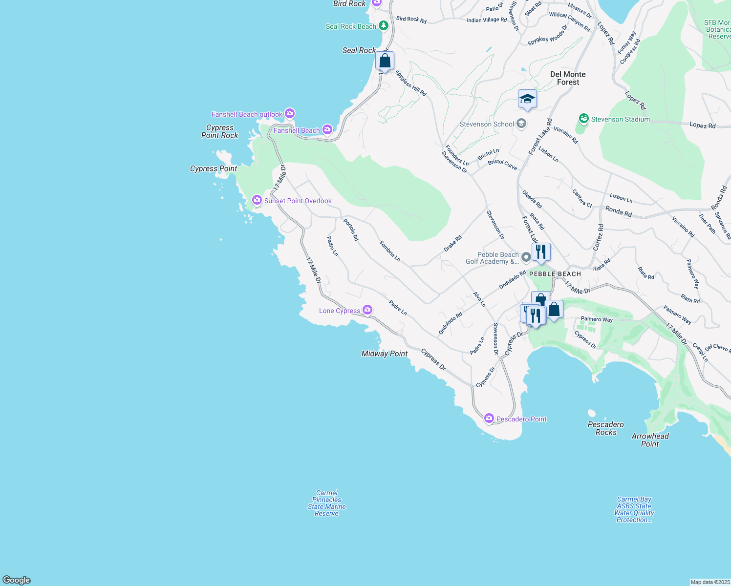 map of restaurants, bars, coffee shops, grocery stores, and more near 1252 Padre Lane in Del Monte Forest