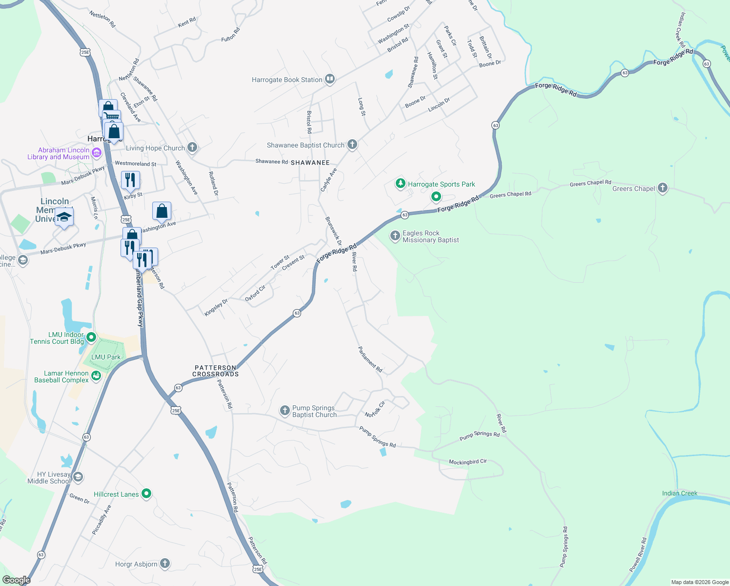 map of restaurants, bars, coffee shops, grocery stores, and more near 219 River Rd in Harrogate