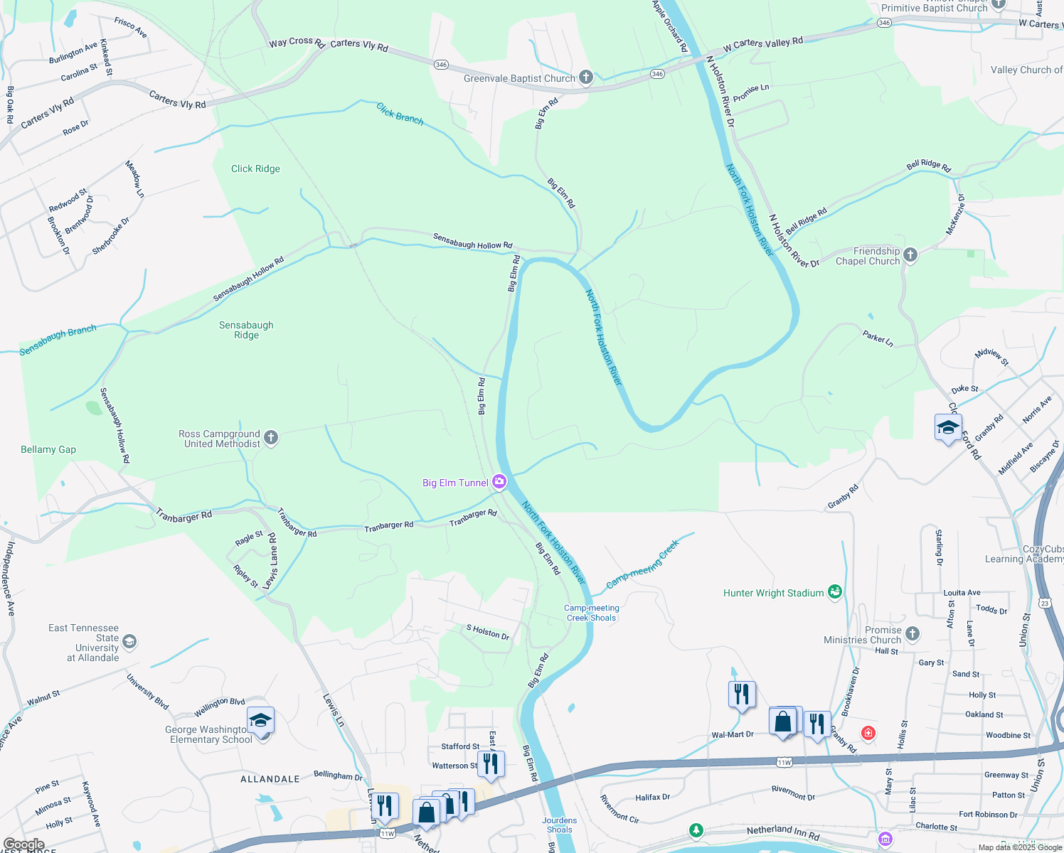 map of restaurants, bars, coffee shops, grocery stores, and more near 660 Lynch Road in Kingsport