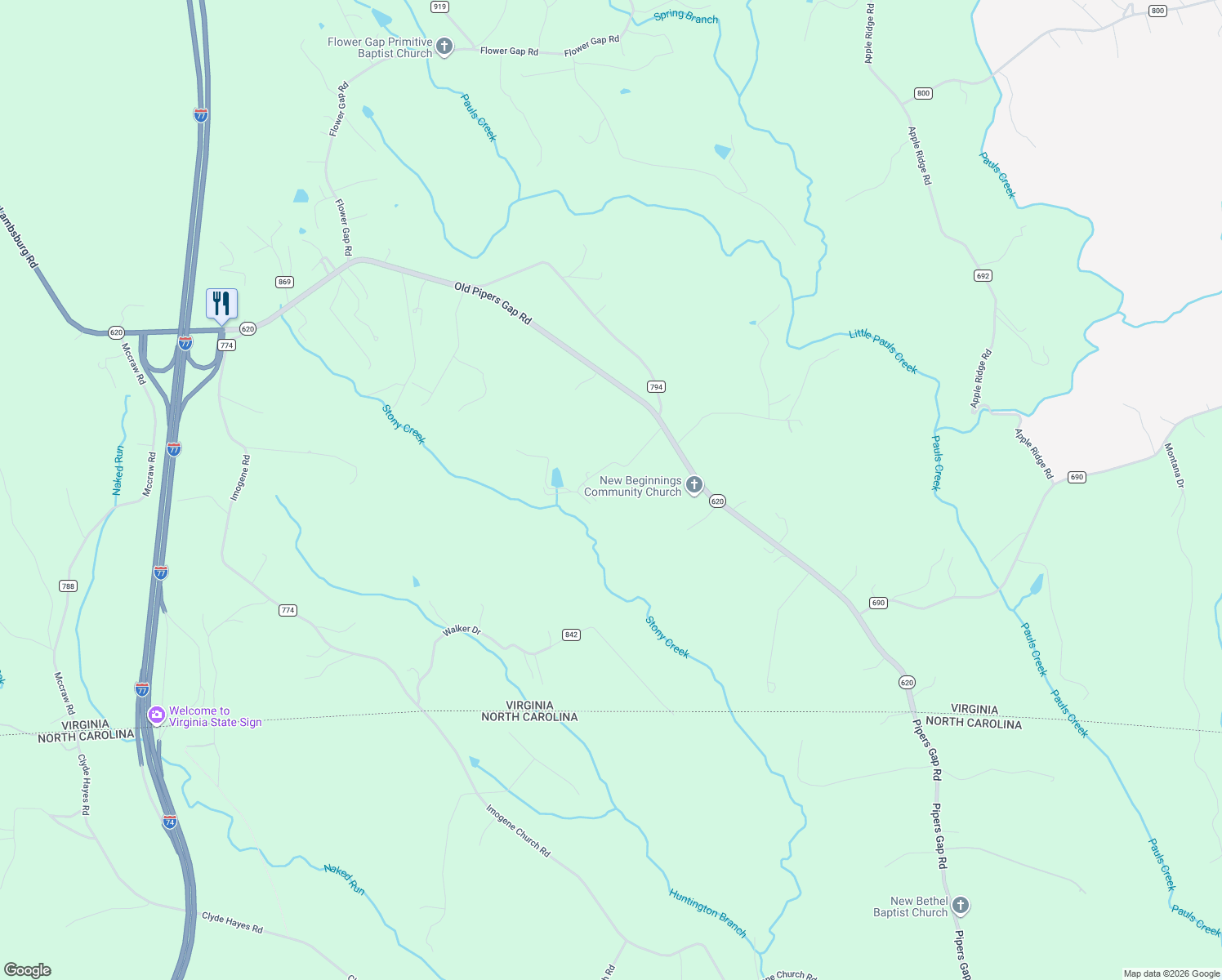 map of restaurants, bars, coffee shops, grocery stores, and more near 309 Stoney Creek Road in Cana