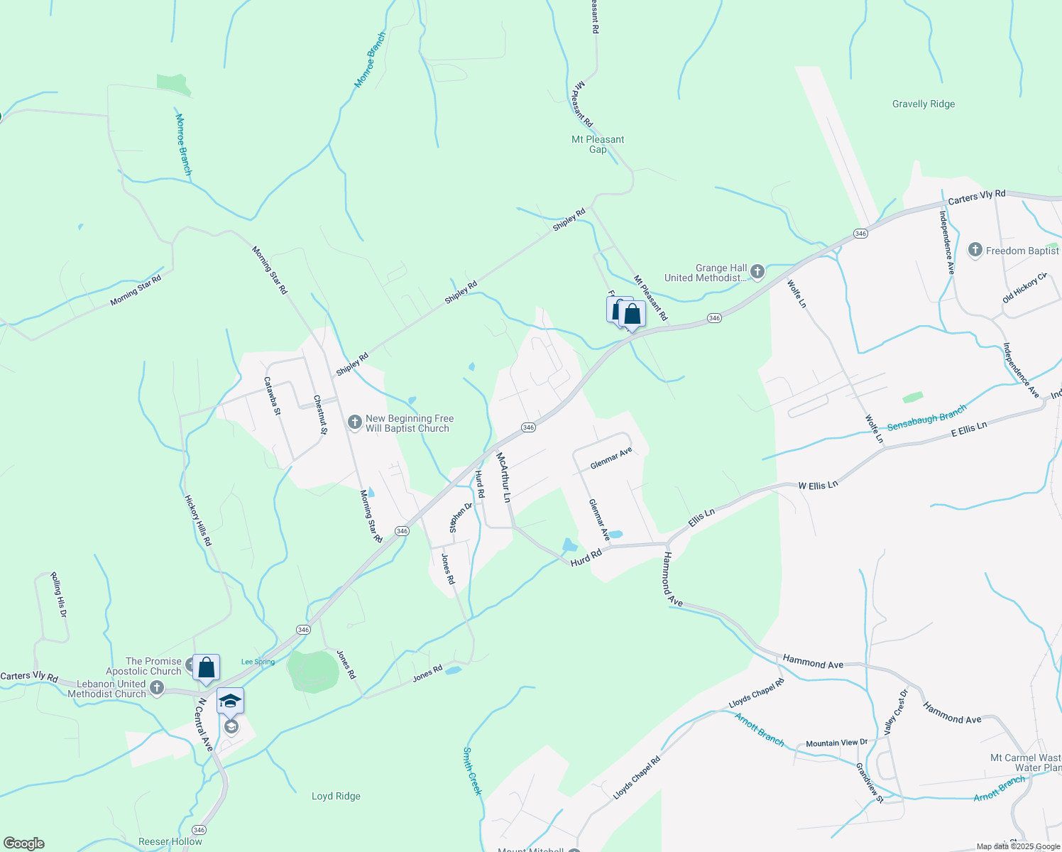 map of restaurants, bars, coffee shops, grocery stores, and more near Carters Valley Rd in Church Hill