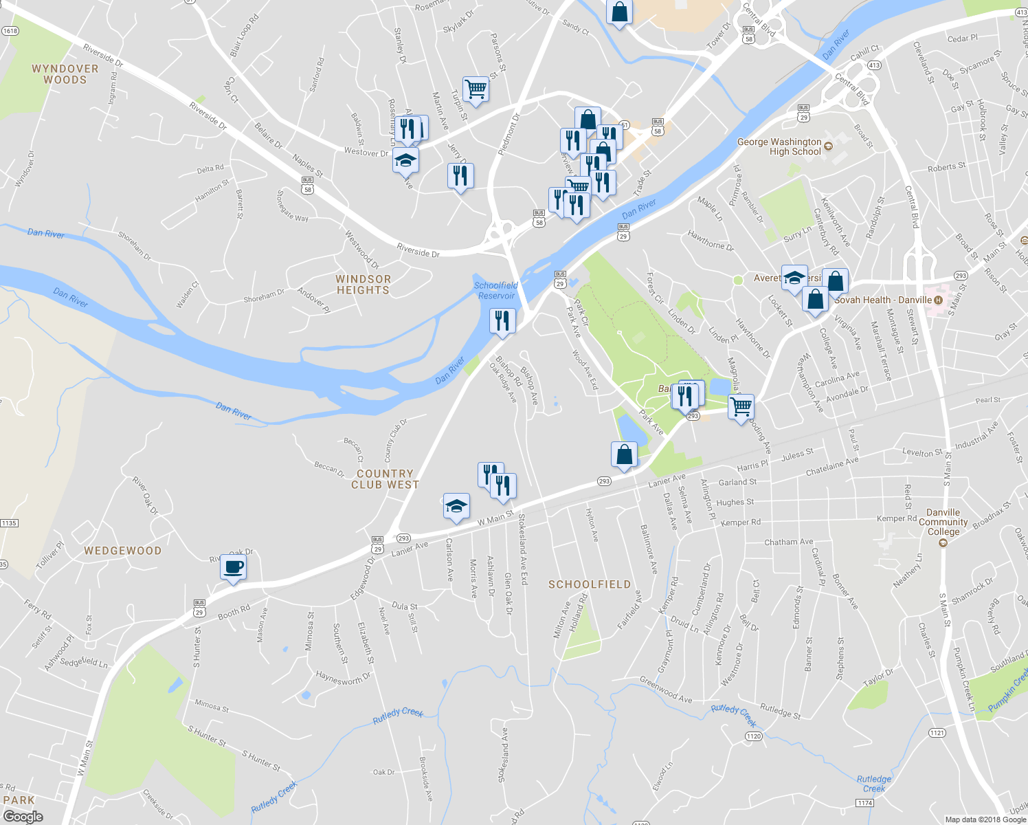 map of restaurants, bars, coffee shops, grocery stores, and more near 15 Oak Ridge Avenue in Danville