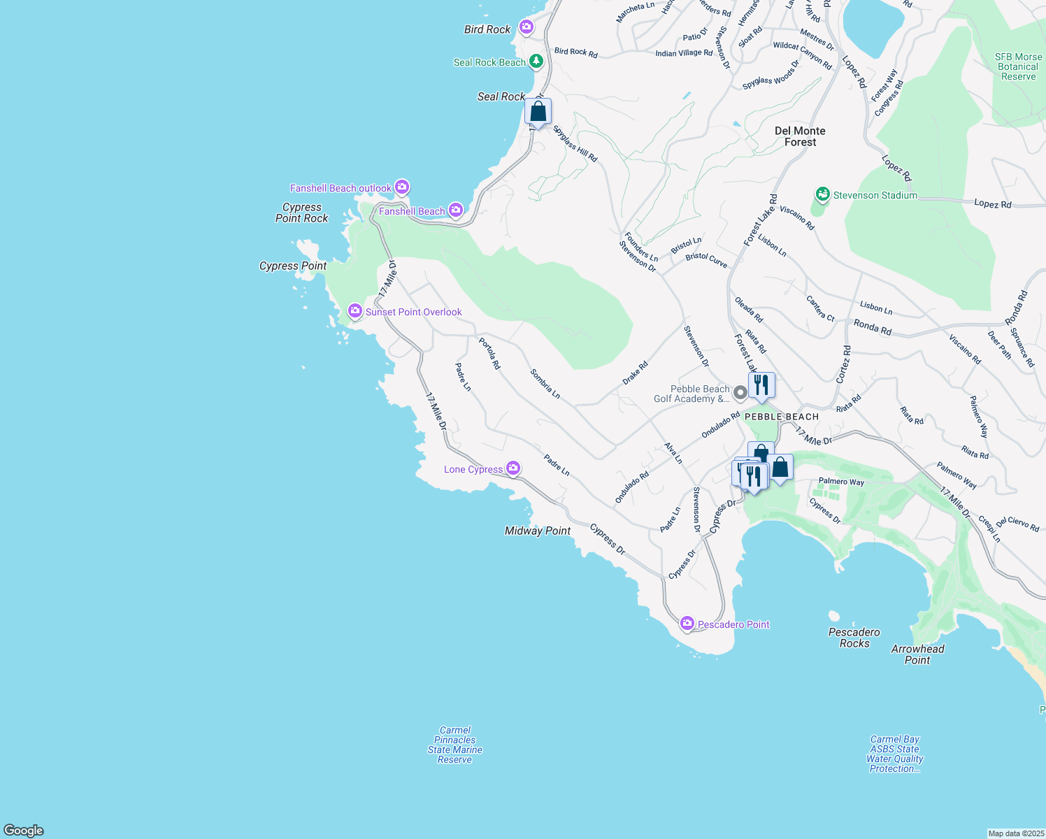 map of restaurants, bars, coffee shops, grocery stores, and more near 1246 Portola Road in Del Monte Forest