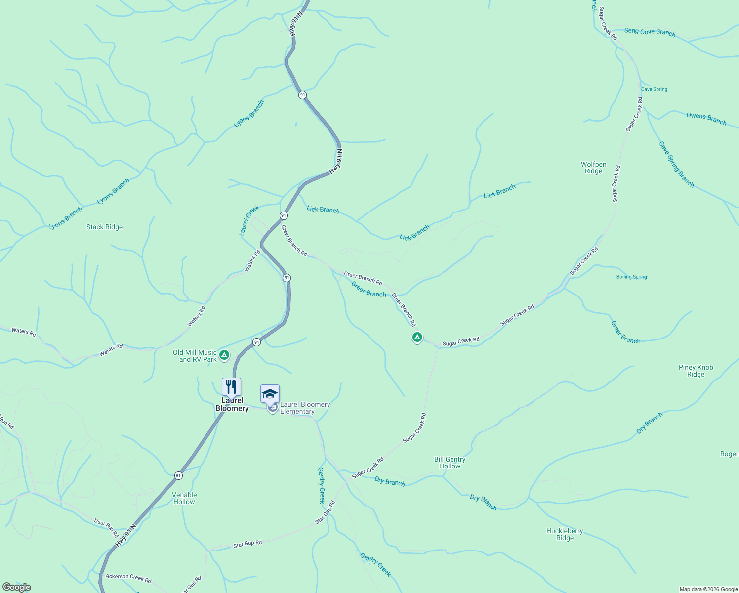 map of restaurants, bars, coffee shops, grocery stores, and more near 696 Greer Branch Rd in Laurel Bloomery