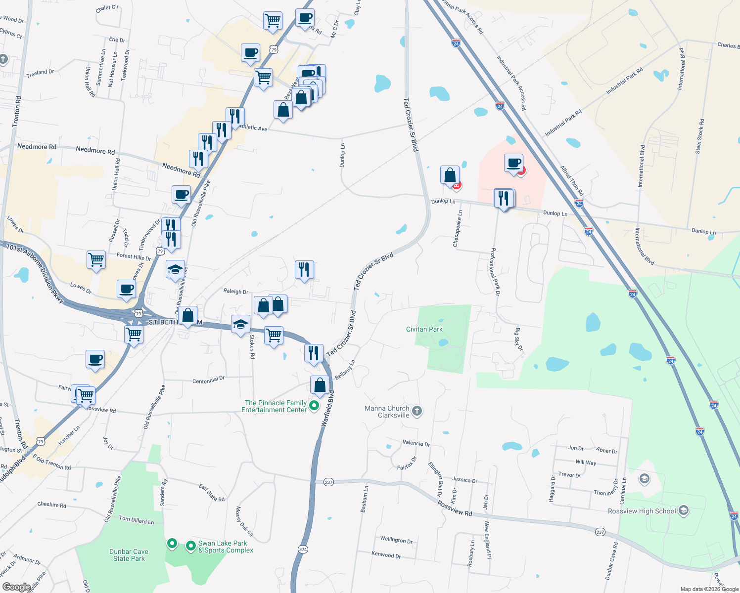 map of restaurants, bars, coffee shops, grocery stores, and more near 303 Carla Court in Clarksville