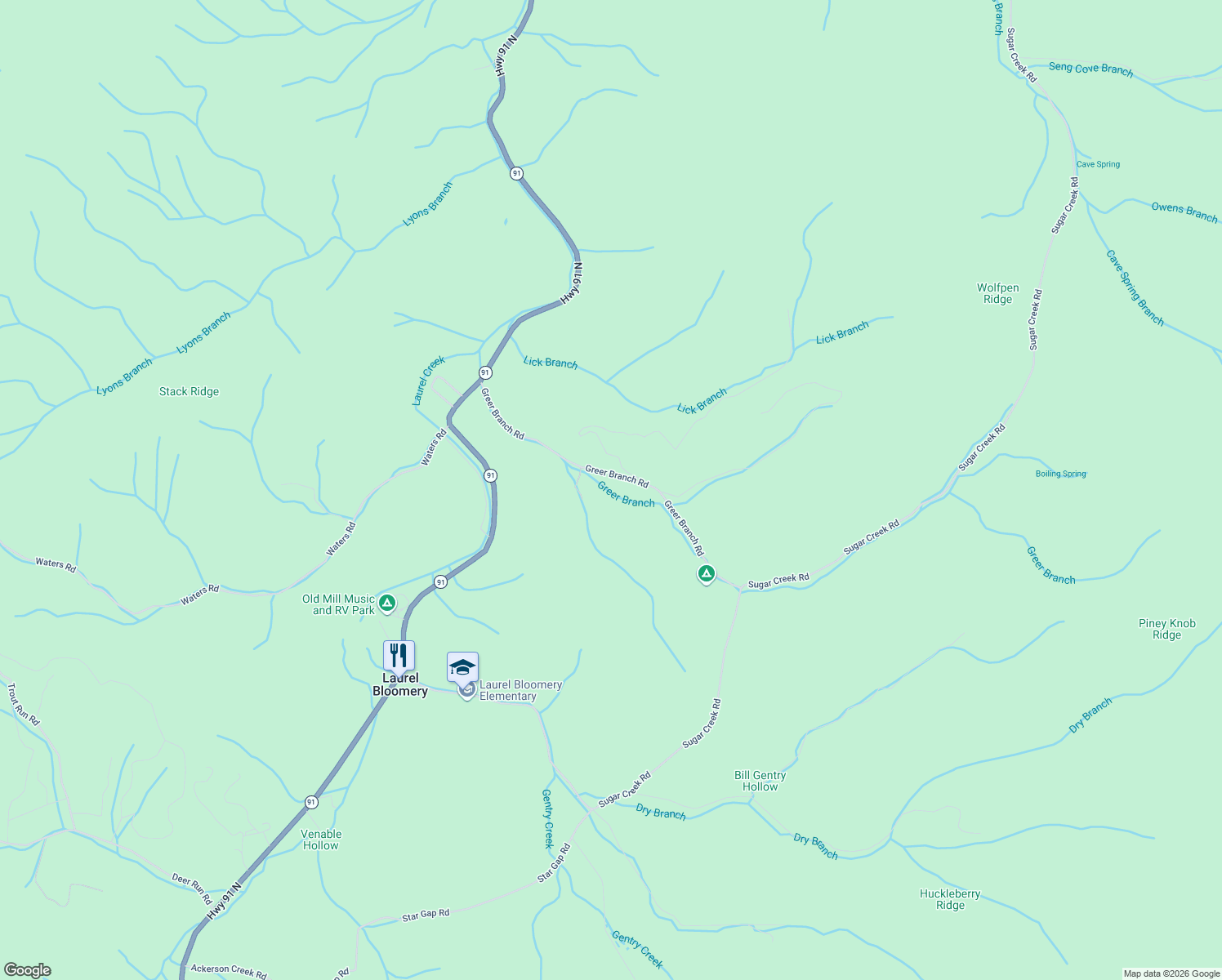 map of restaurants, bars, coffee shops, grocery stores, and more near 696 Greer Branch Road in Laurel Bloomery