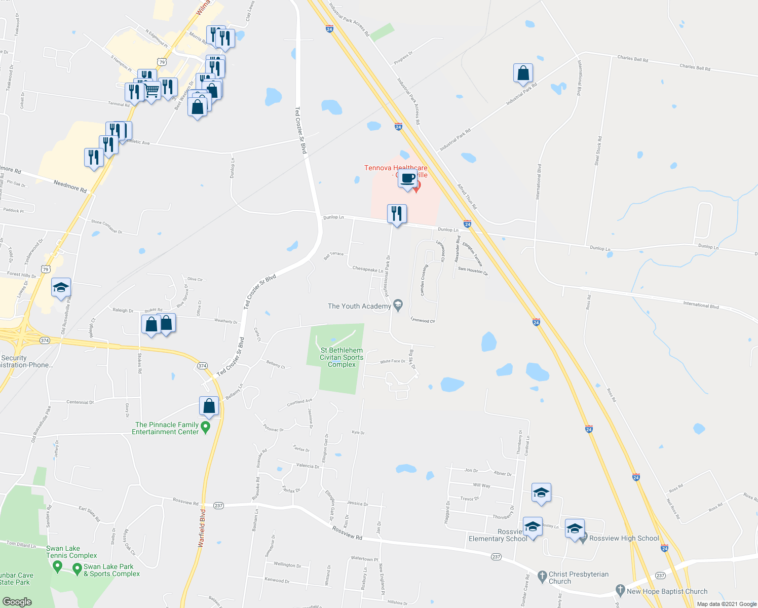 map of restaurants, bars, coffee shops, grocery stores, and more near 900 Professional Park Drive in Clarksville