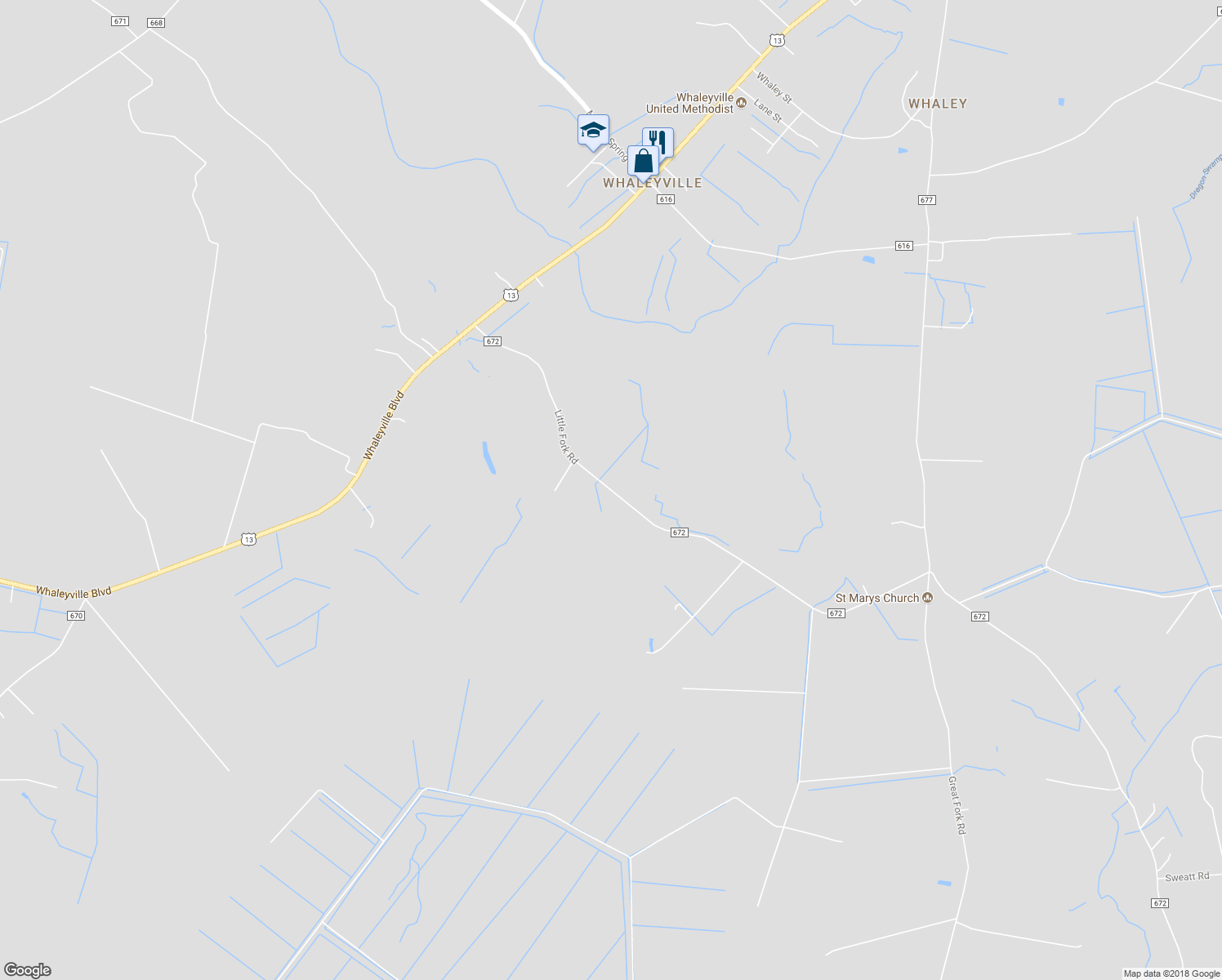 map of restaurants, bars, coffee shops, grocery stores, and more near 391 Little Fork Road in Suffolk