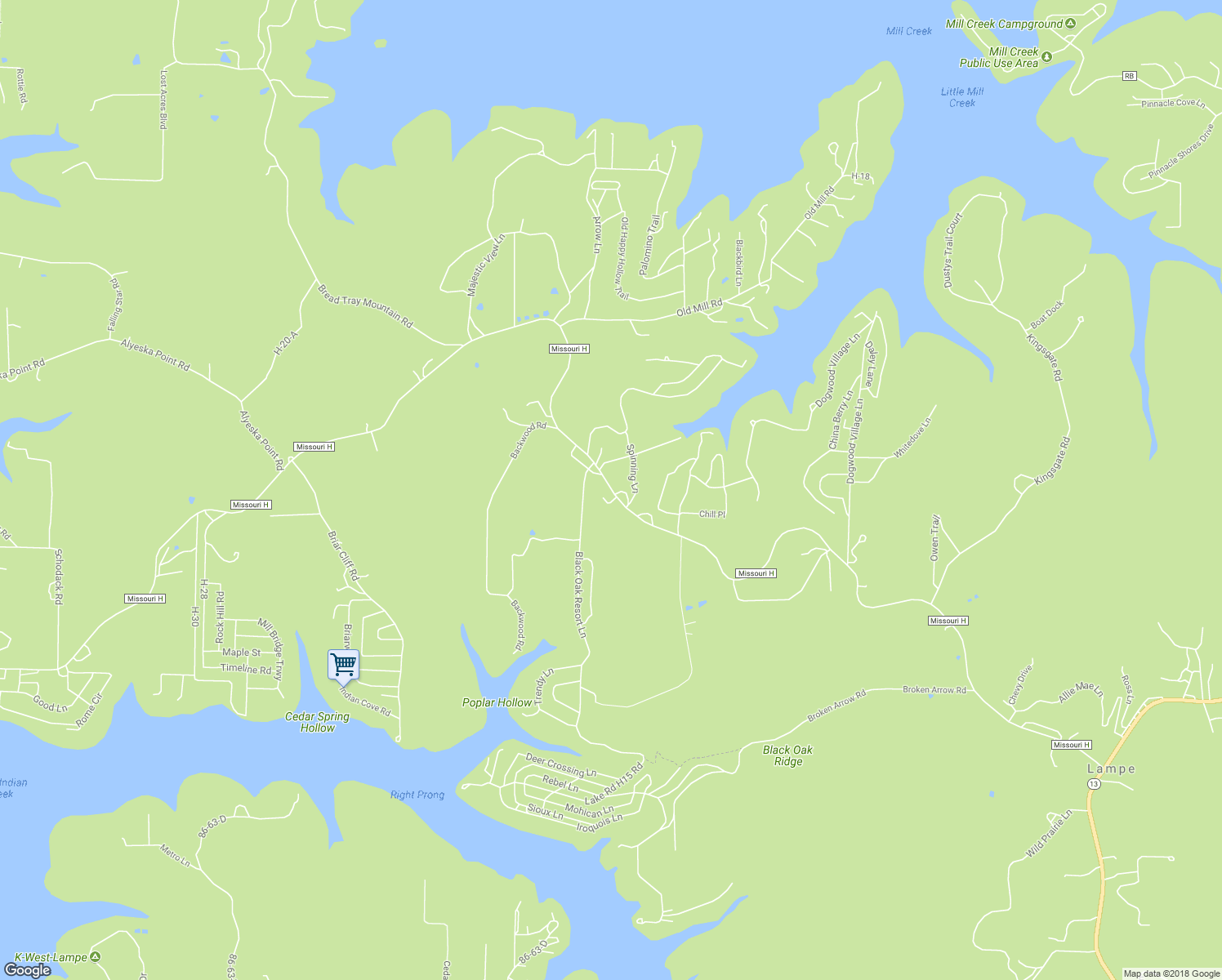 map of restaurants, bars, coffee shops, grocery stores, and more near Missouri H in Lampe