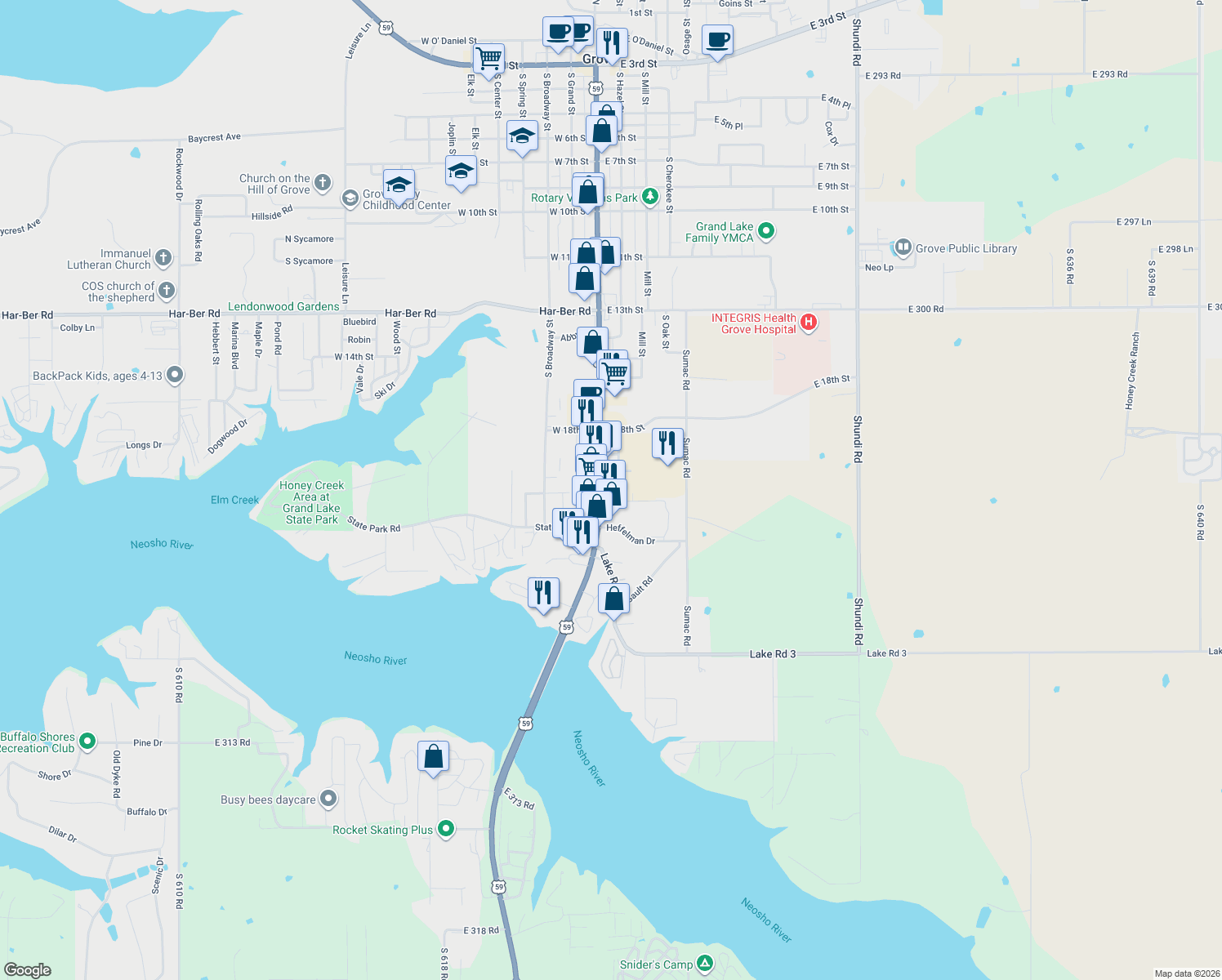 map of restaurants, bars, coffee shops, grocery stores, and more near 2123 S Main St in Grove