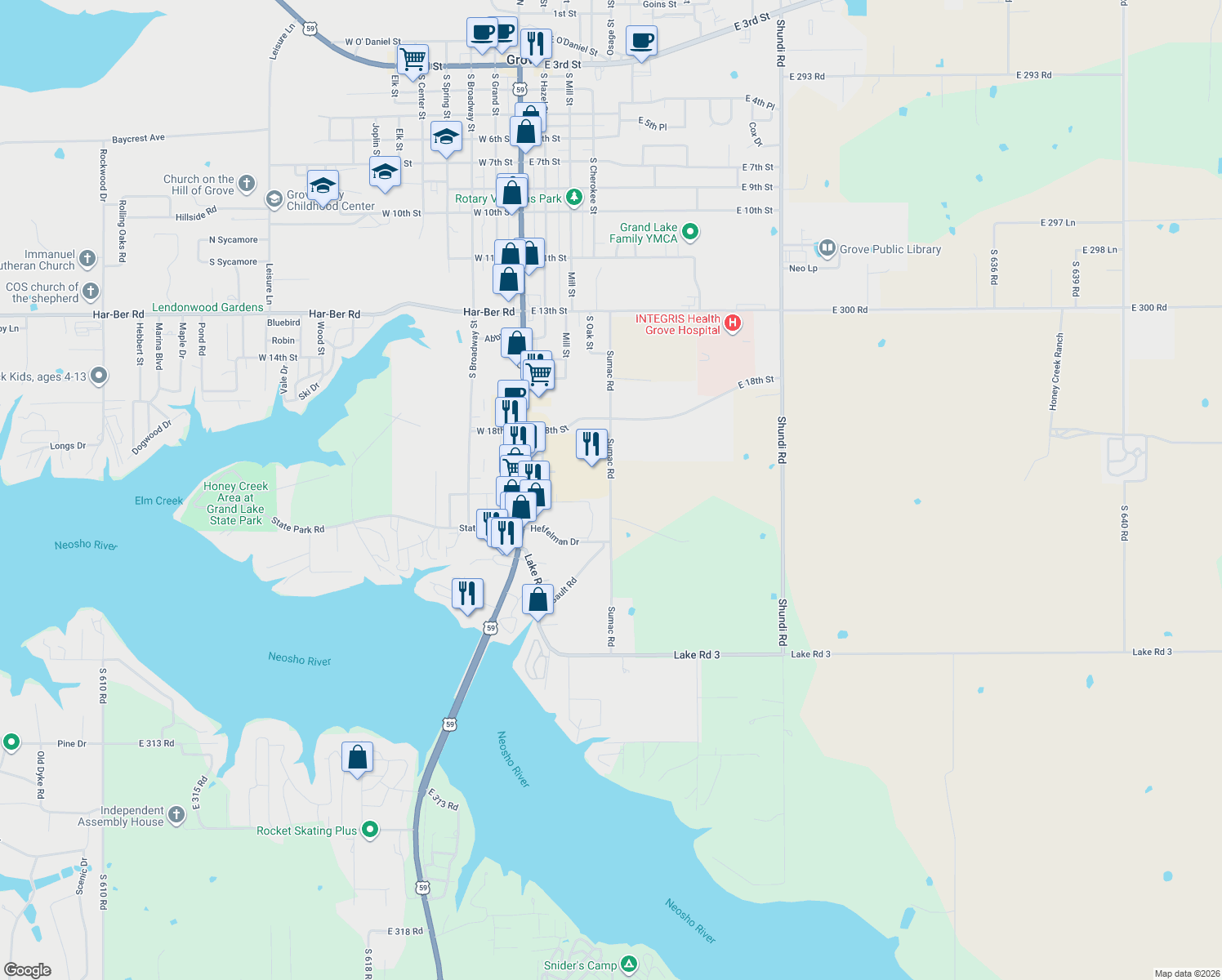 map of restaurants, bars, coffee shops, grocery stores, and more near 2258 South 625 Road in Grove