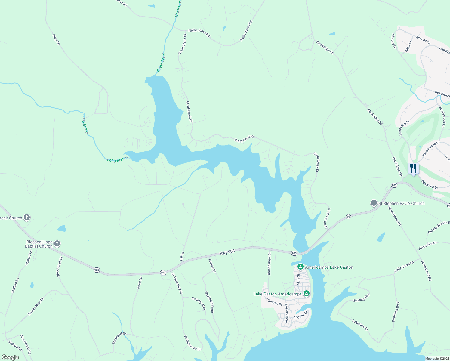 map of restaurants, bars, coffee shops, grocery stores, and more near 863-1399 Fox Fire Drive in Bracey