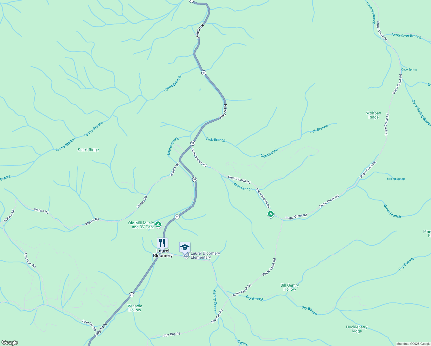 map of restaurants, bars, coffee shops, grocery stores, and more near 414 Greer Branch Road in Laurel Bloomery