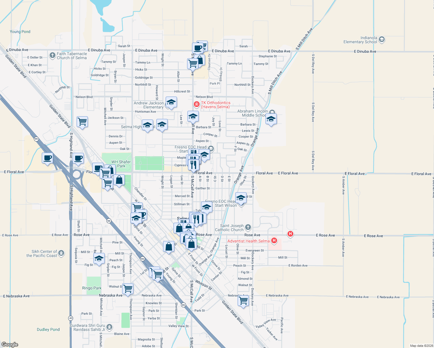 map of restaurants, bars, coffee shops, grocery stores, and more near 2862 C Street in Selma